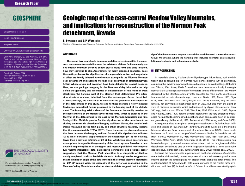 Geologic Map of the East-Central Meadow Valley Mountains, and Implications for Reconstruction of the Mormon Peak GEOSPHERE; V