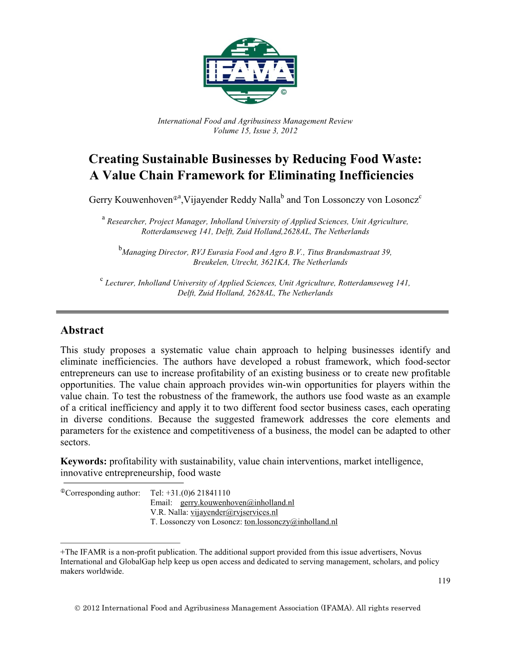 Creating Sustainable Businesses by Reducing Food Waste: a Value Chain Framework for Eliminating Inefficiencies