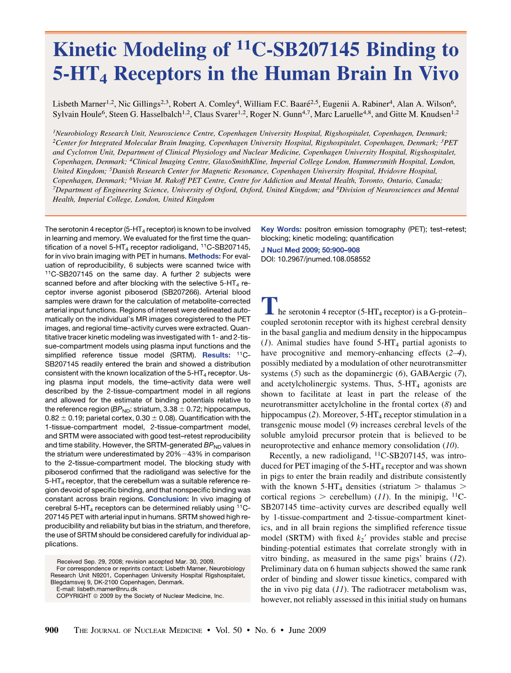 Kinetic Modeling of 11C-SB207145 Binding to 5-HT4 Receptors in the Human Brain in Vivo