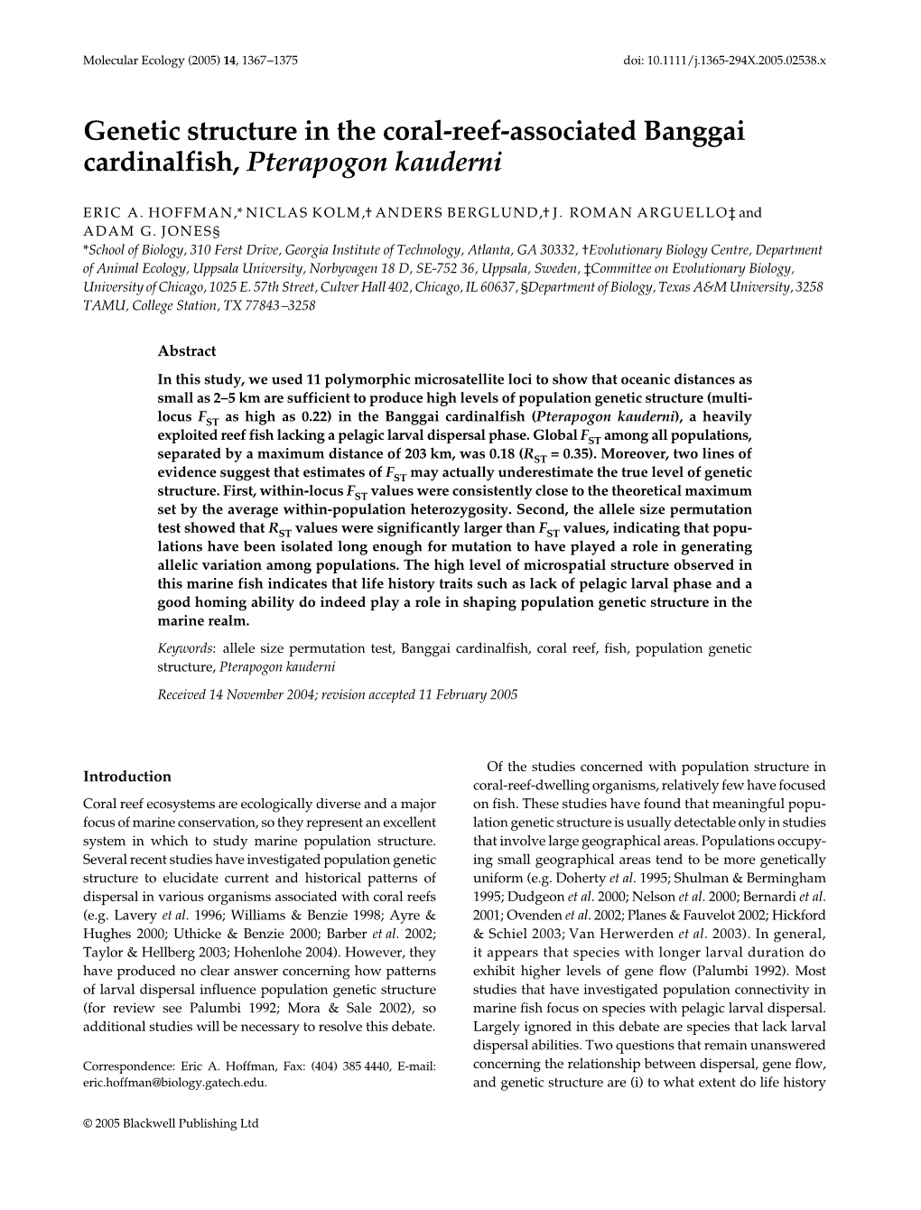 Genetic Structure in the Coral-Reef-Associated Banggai