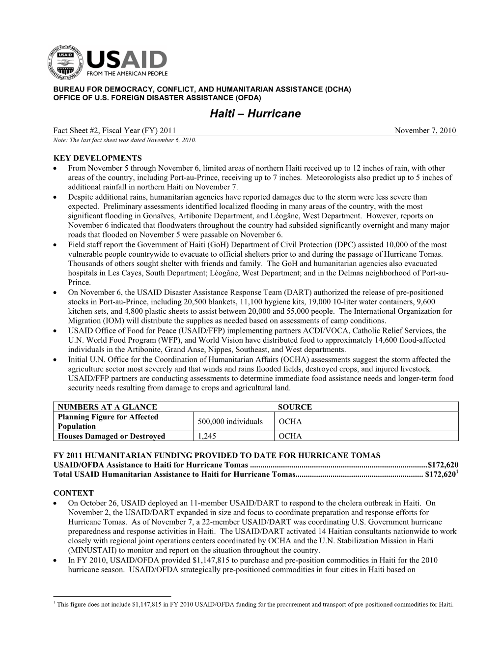 USAID-DCHA Haiti Hurricane Fact Sheet #2 11/07/10