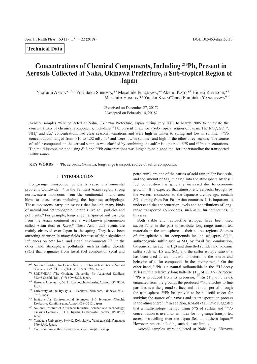 Concentrations of Chemical Components, Including 210Pb, Present in Aerosols Collected at Naha, Okinawa Prefecture, a Sub-Tropical Region of Japan