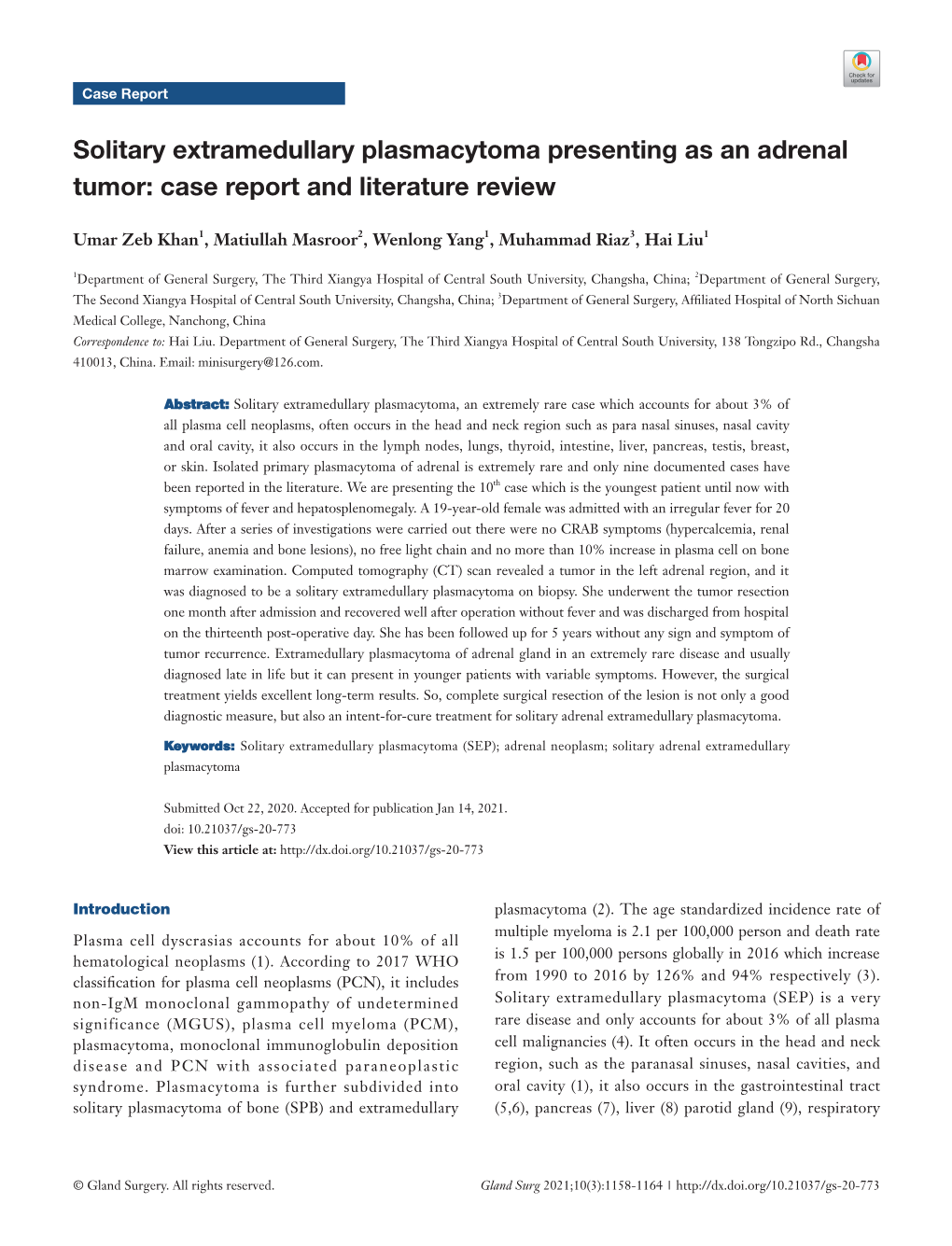 Solitary Extramedullary Plasmacytoma Presenting As an Adrenal Tumor: Case Report and Literature Review