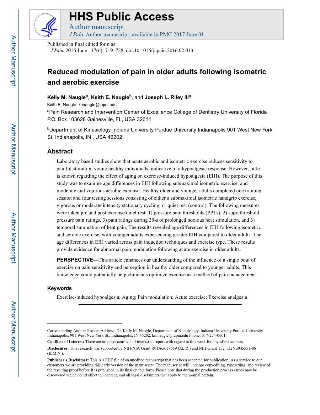 Reduced Modulation of Pain in Older Adults Following Isometric and Aerobic Exercise