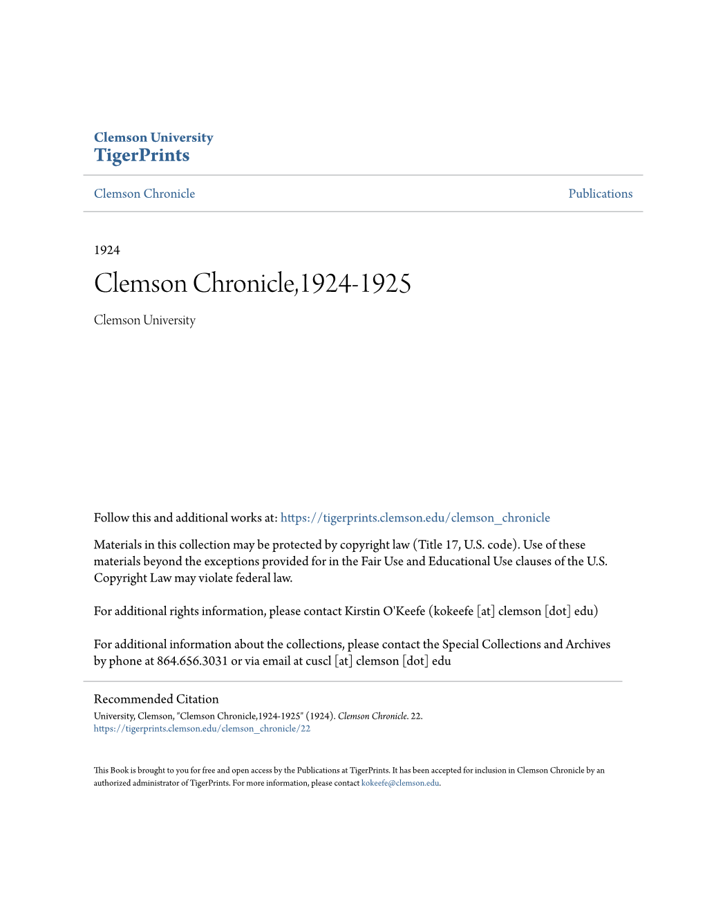 Clemson Chronicle,1924-1925 Clemson University