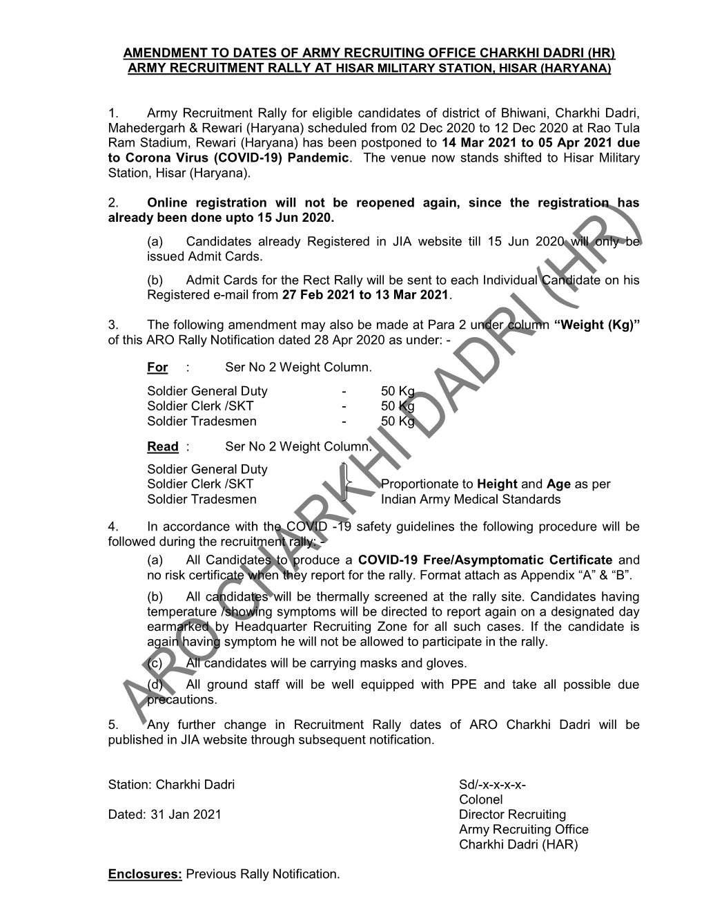 Amendment to Dates of Army Recruiting Office Charkhi Dadri (Hr) Army Recruitment Rally at Hisar Military Station, Hisar (Haryana)