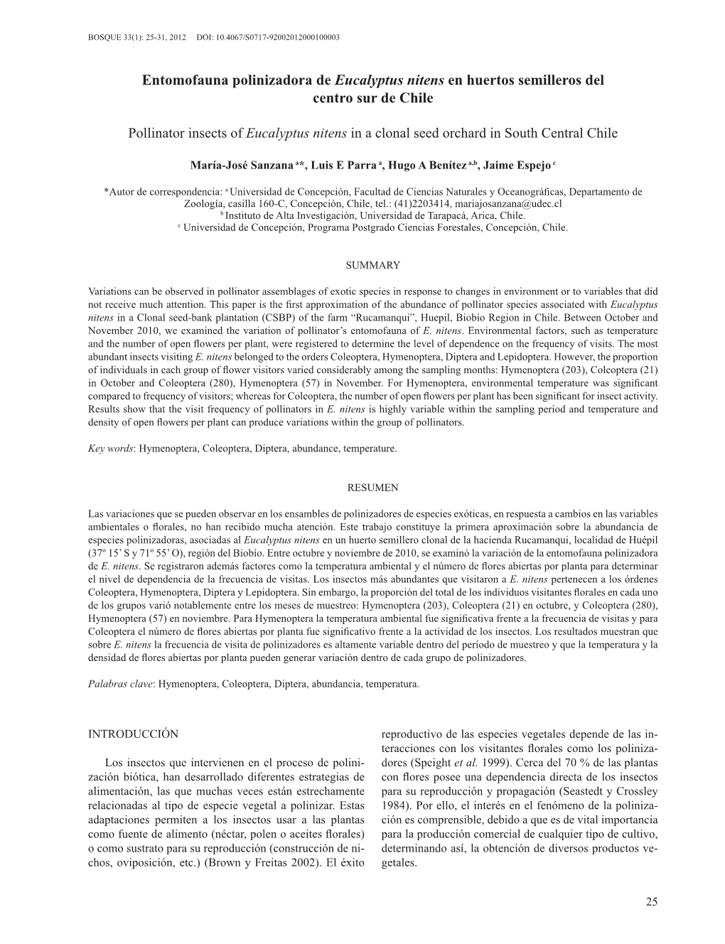 Entomofauna Polinizadora De Eucalyptus Nitens En Huertos Semilleros Del Centro Sur De Chile