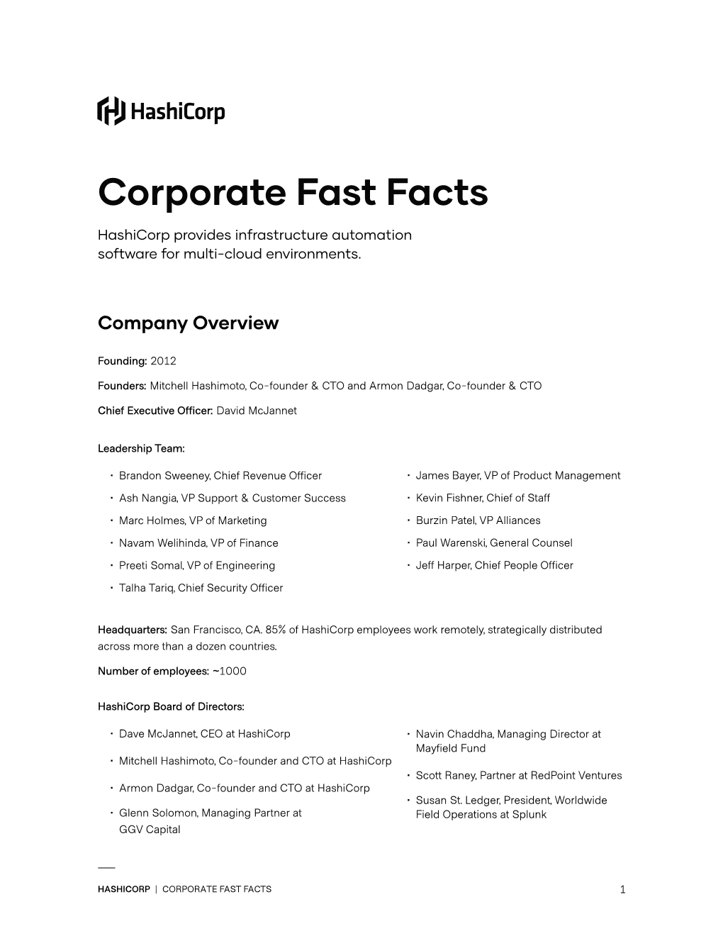 Corporate Fast Facts Hashicorp Provides Infrastructure Automation Software for Multi-Cloud Environments