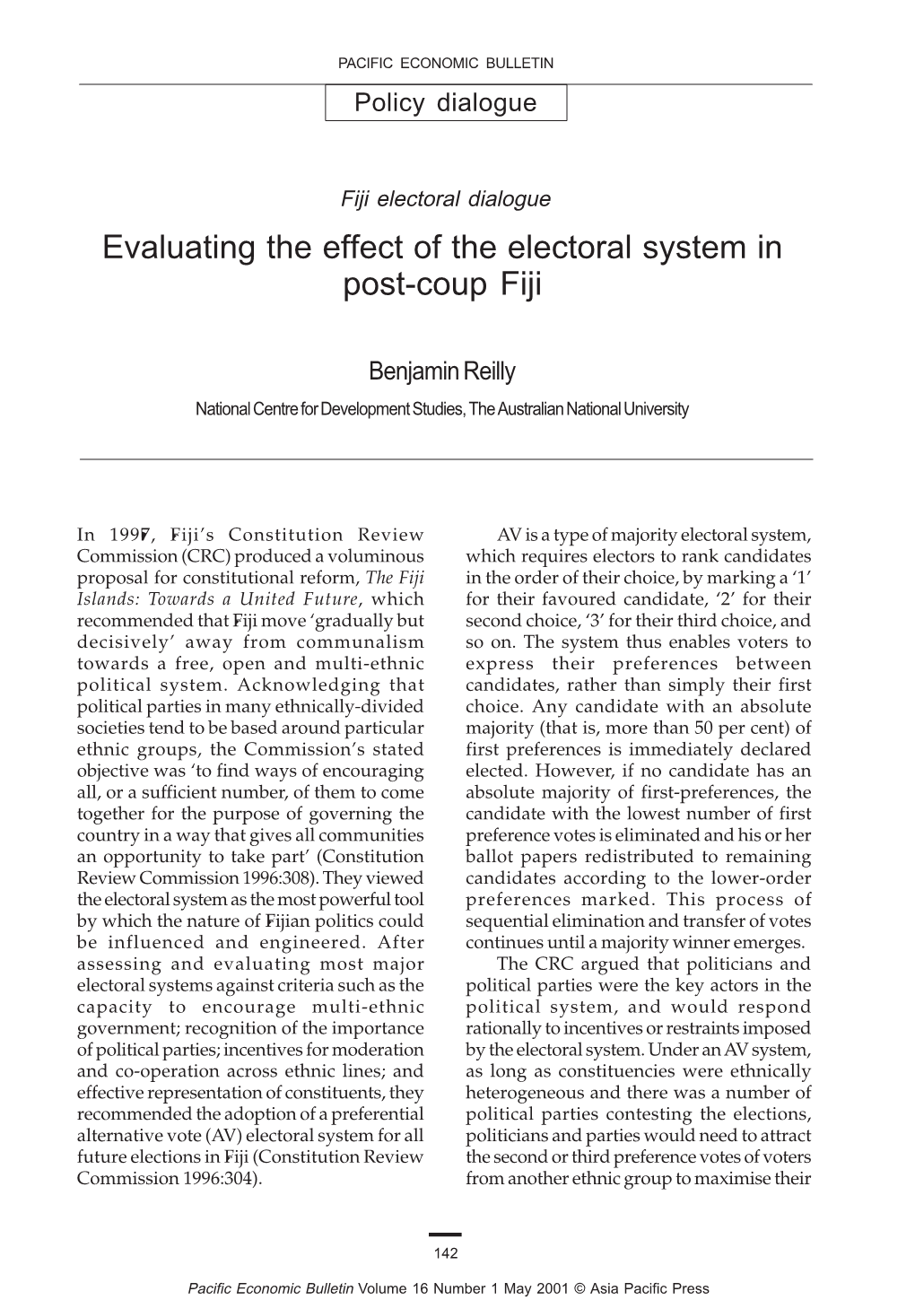 Evaluating the Effect of the Electoral System in Post-Coup Fiji