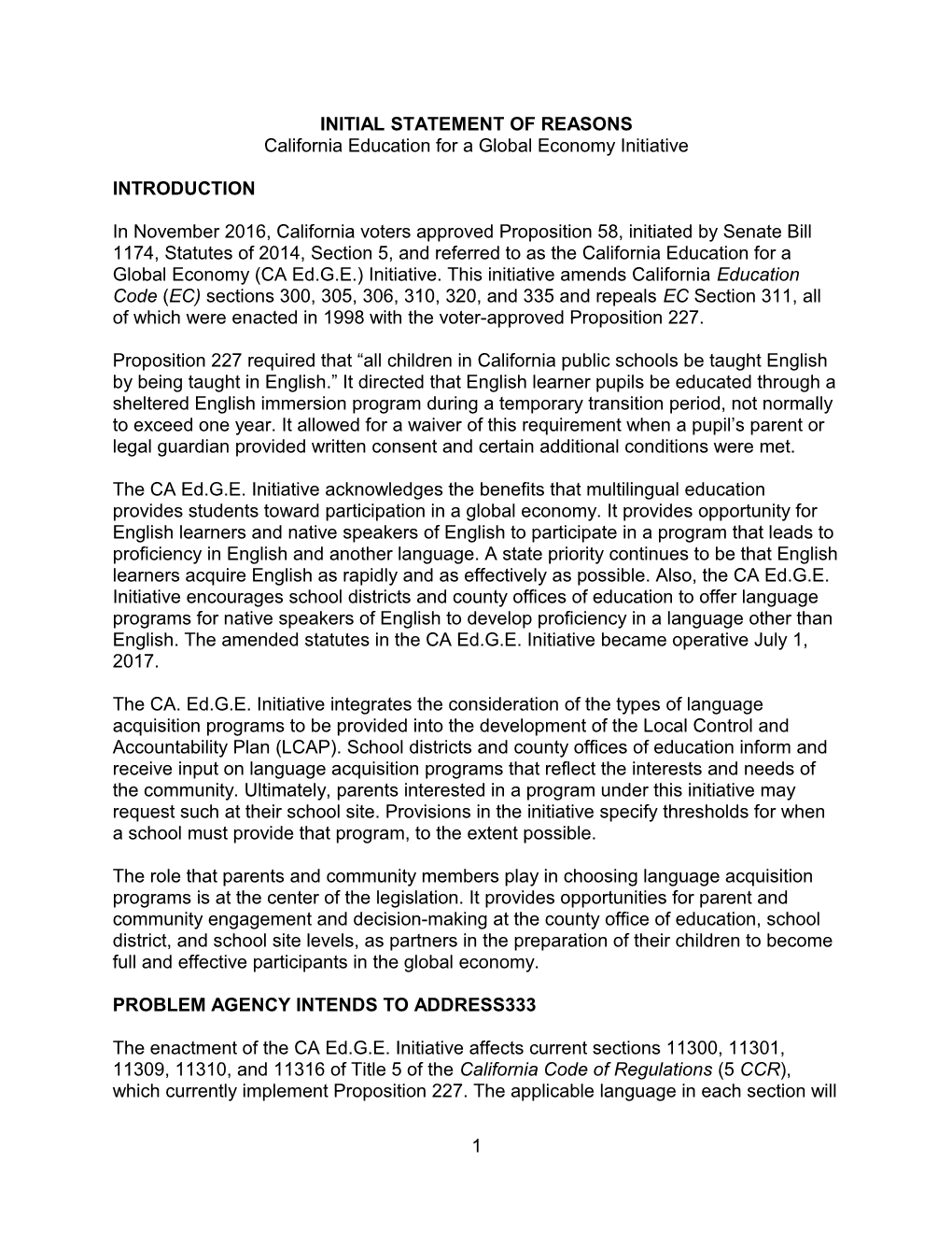 CA Ed.G.E. INITIAL STATEMENT of REASONS - Laws and Regulations (CA Dept of Education)