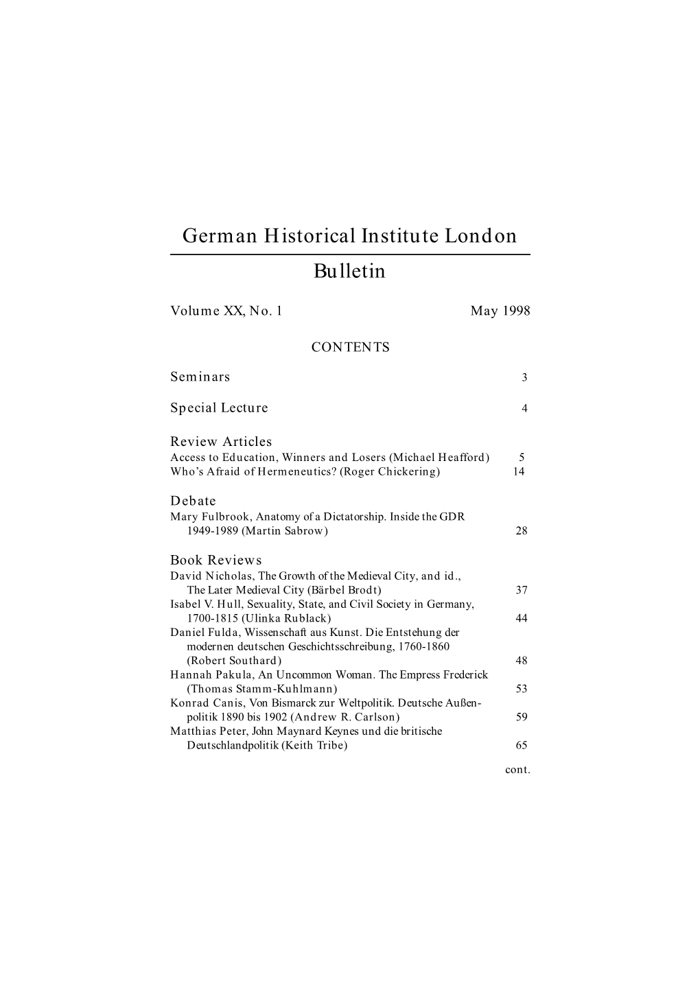 German Historical Institute London Bulletin Vol 20 (1998), No. 1