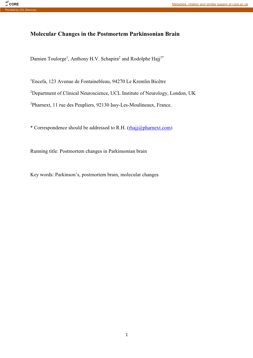 Molecular Changes in the Postmortem Parkinsonian Brain