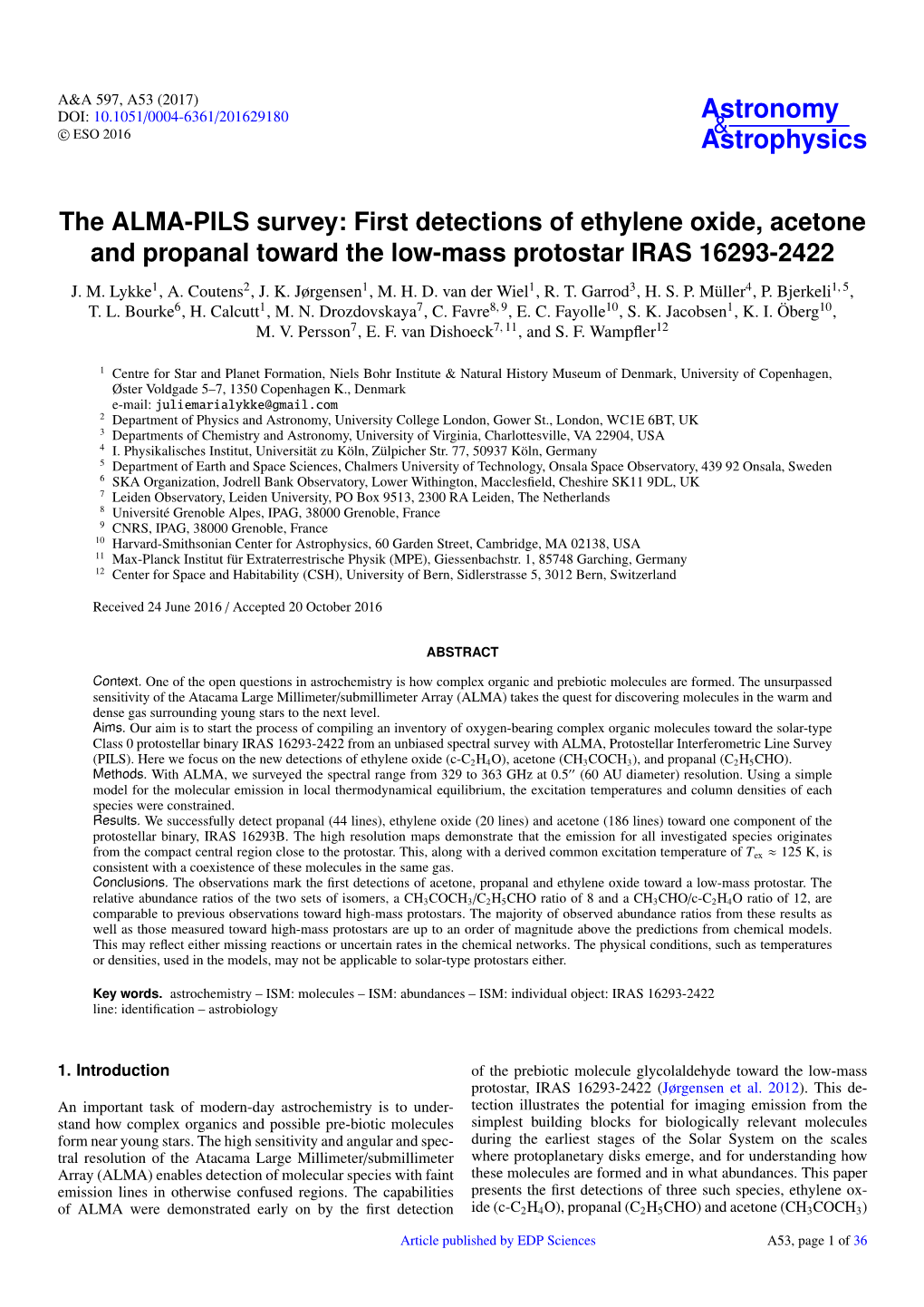 First Detections of Ethylene Oxide, Acetone and Propanal Toward the Low-Mass Protostar IRAS 16293-2422 J