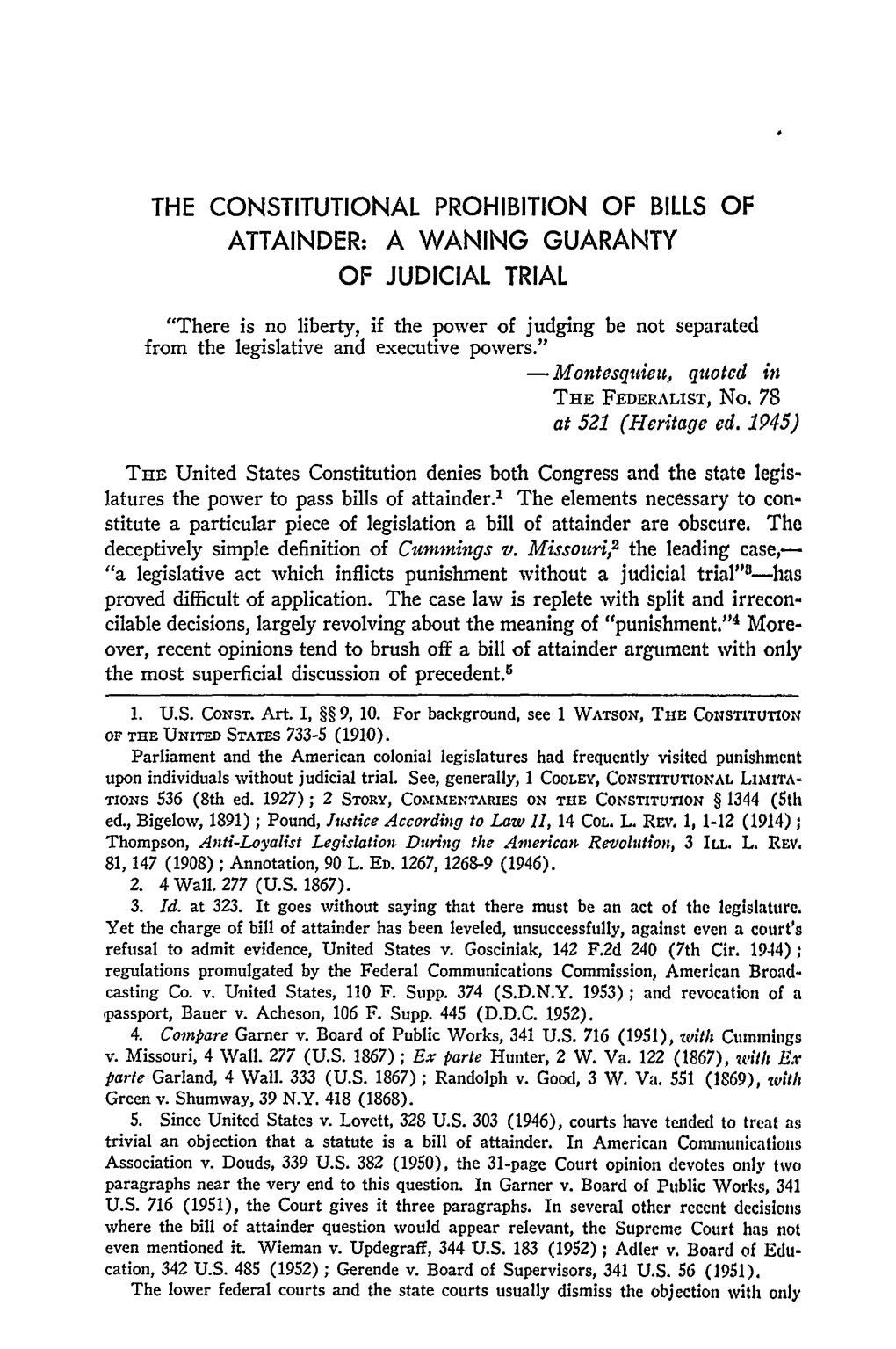 The Constitutional Prohibition of Bills of Attainder: a Waning Guaranty of Judicial Trial