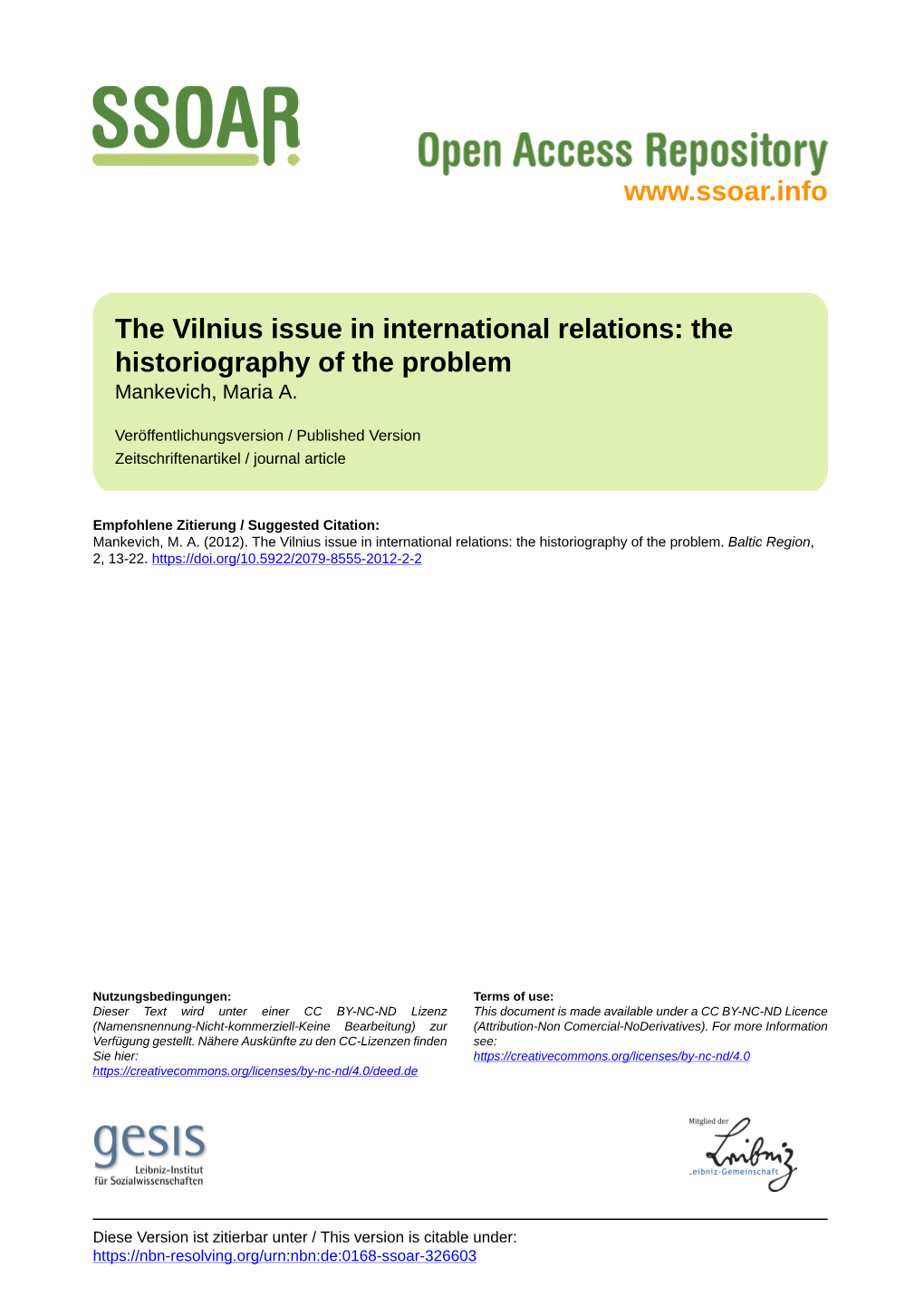 The Vilnius Issue in International Relations: the Historiography of the Problem Mankevich, Maria A