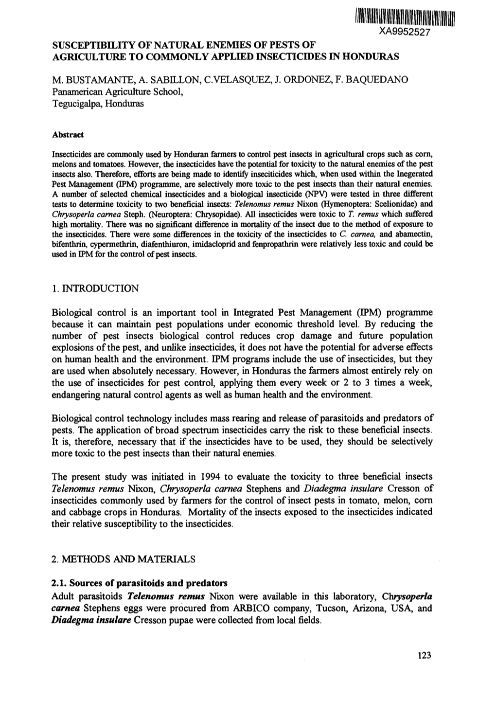 Susceptibility of Natural Enemies of Pests of Agriculture to Commonly Applied Insecticides in Honduras