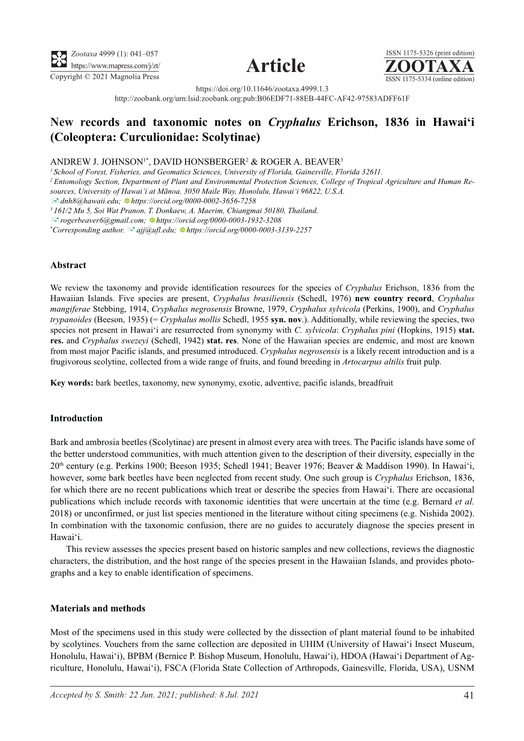 New Records and Taxonomic Notes on Cryphalus Erichson, 1836 in Hawaiʻi (Coleoptera: Curculionidae: Scolytinae)