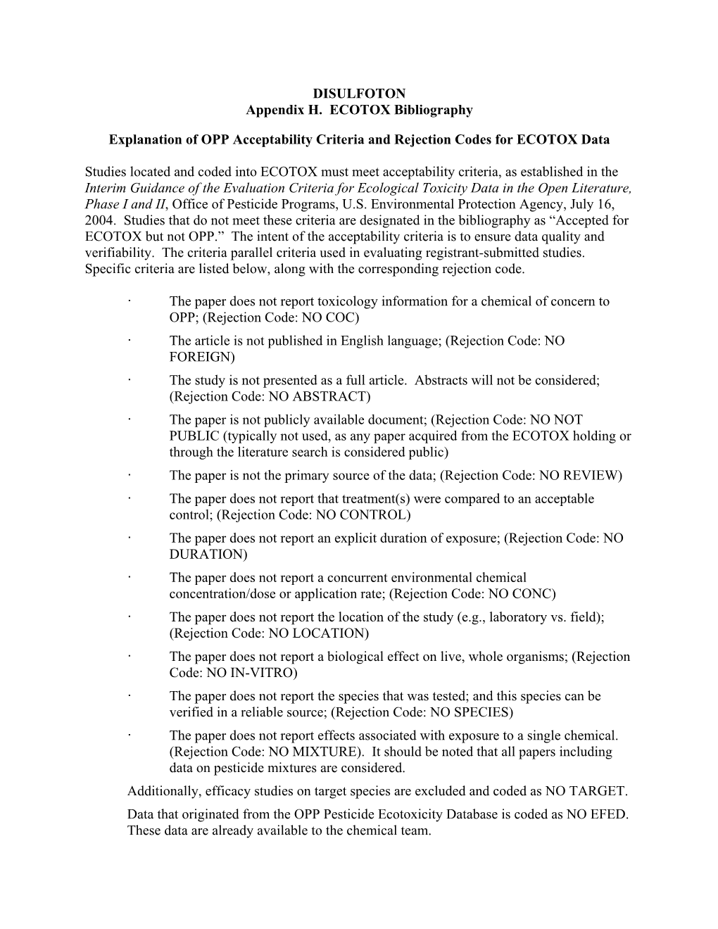 DISULFOTON Appendix H. ECOTOX Bibliography