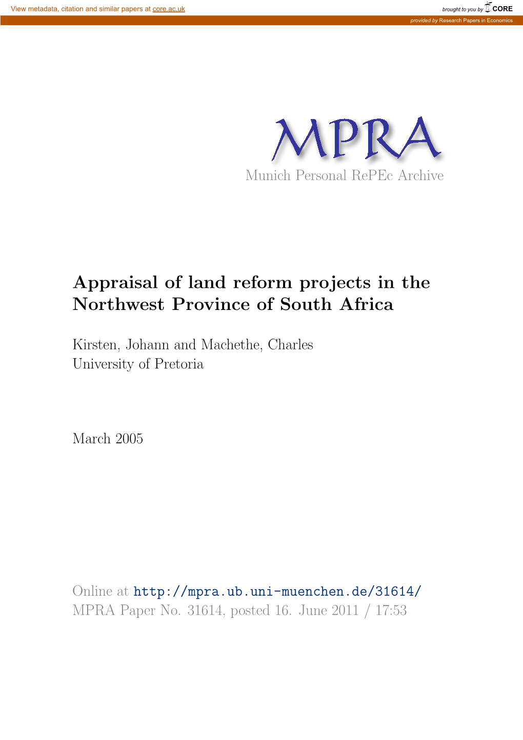 Appraisal of Land Reform Projects in the Northwest Province of South Africa