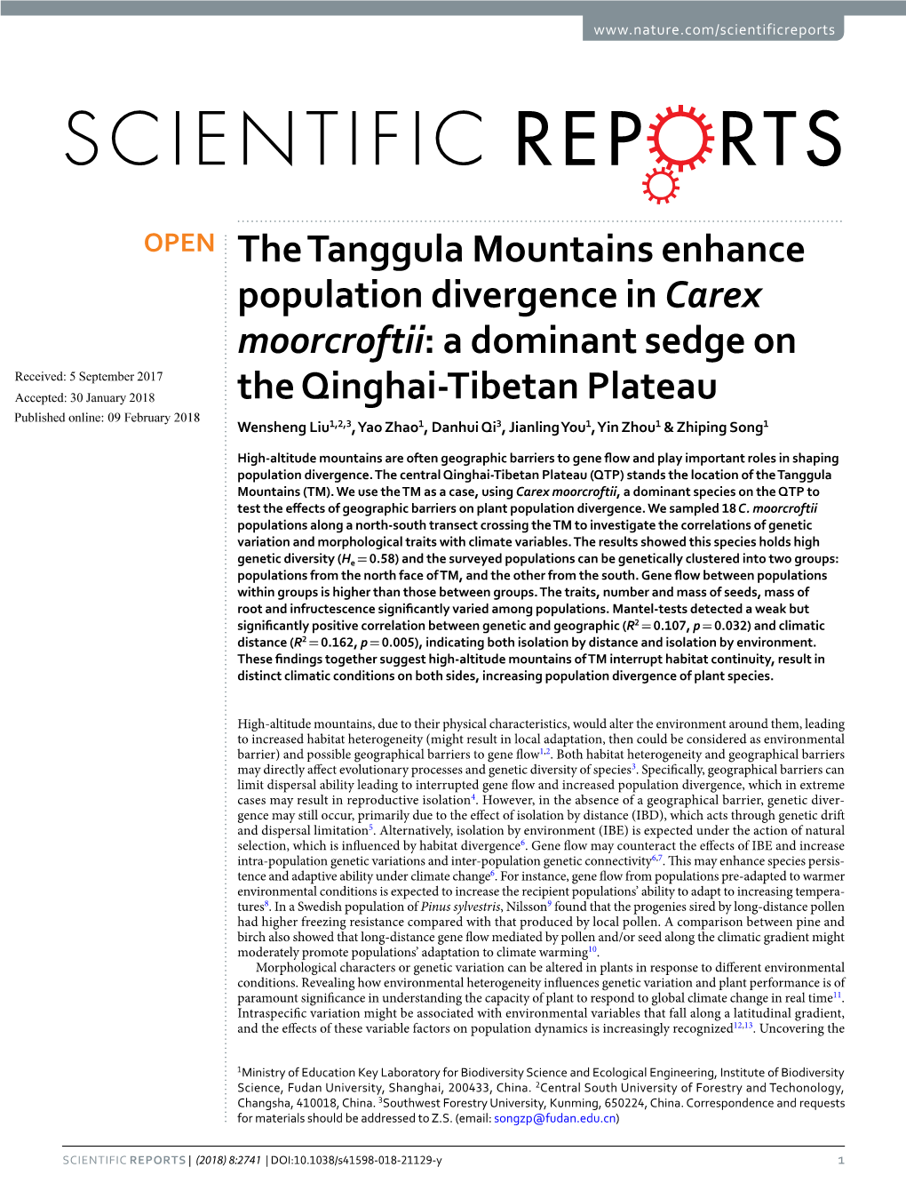 The Tanggula Mountains Enhance Population Divergence in Carex