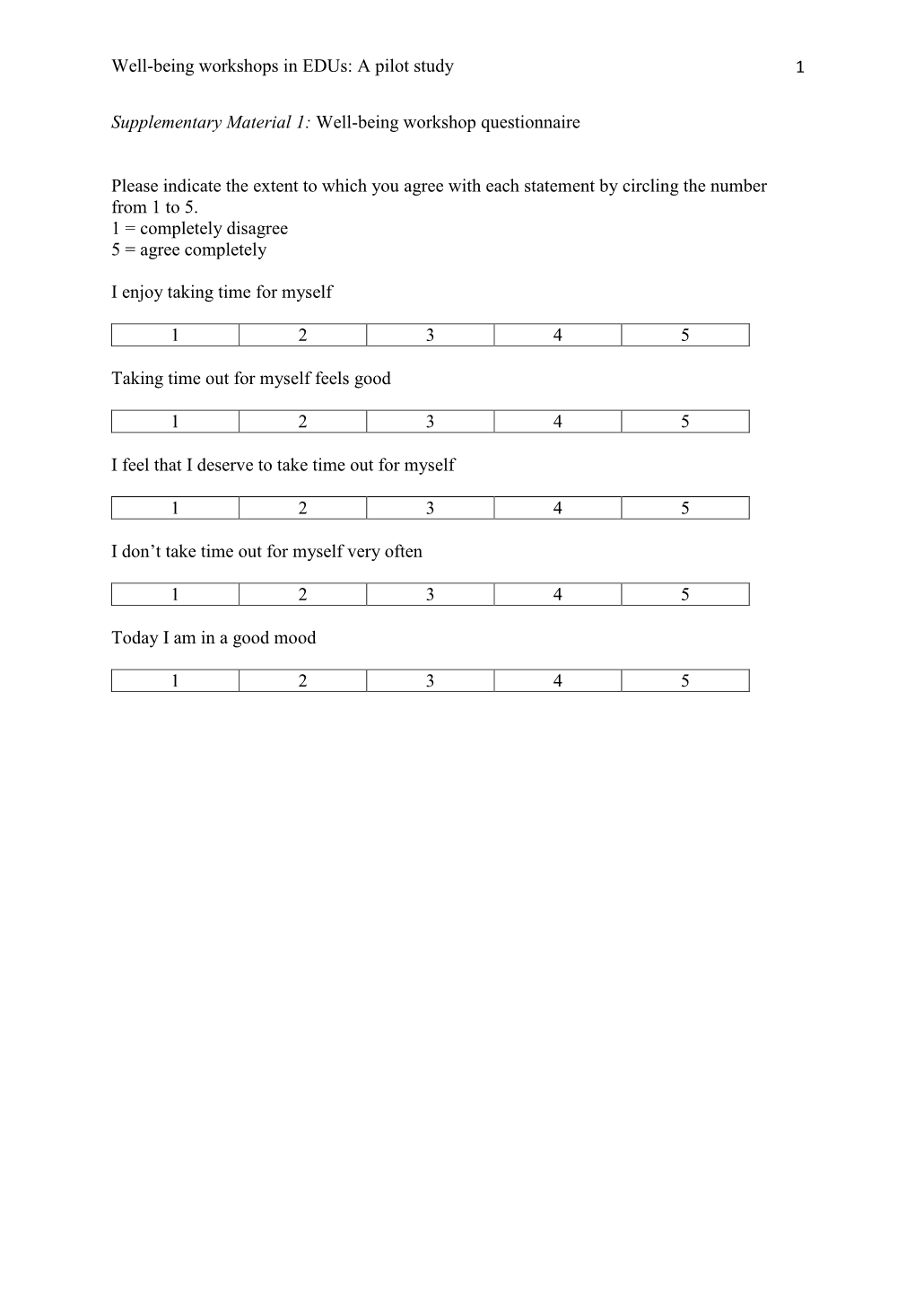 Well-Being Workshops in Edus: a Pilot Study 1 Supplementary