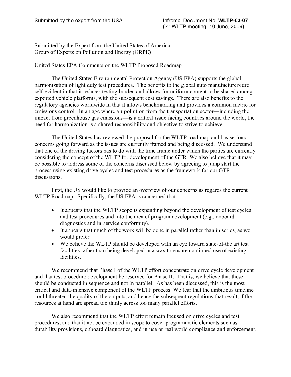 United States Comments on WLTP Proposed Roadmap