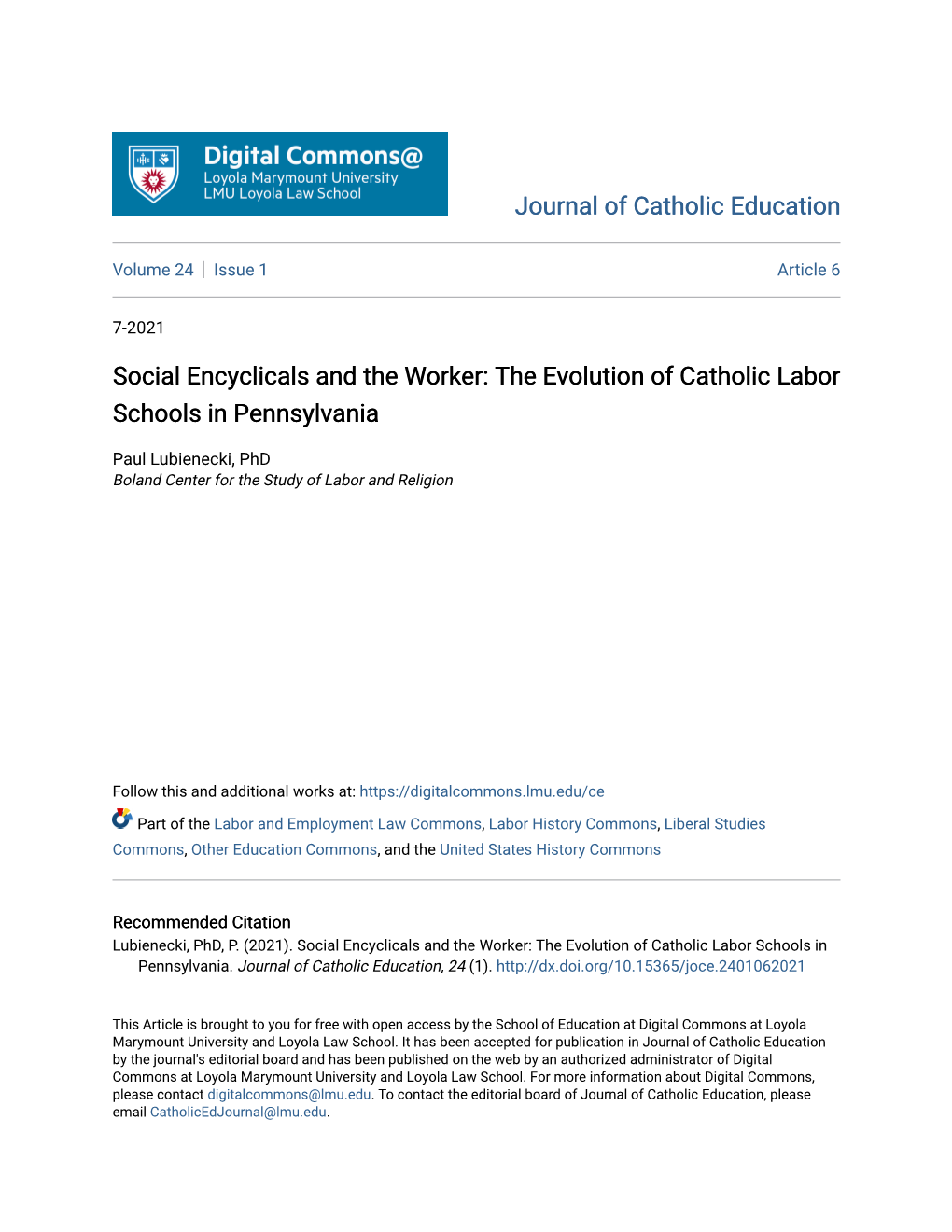 Social Encyclicals and the Worker: the Evolution of Catholic Labor Schools in Pennsylvania