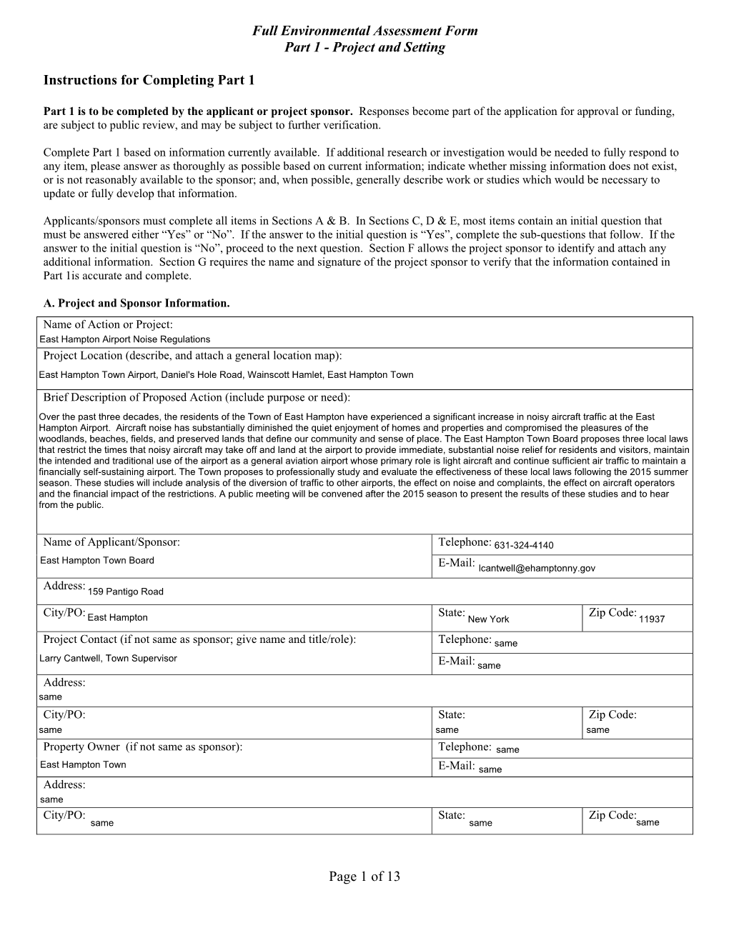 Full Environmental Assessment Form Part 1 - Project and Setting