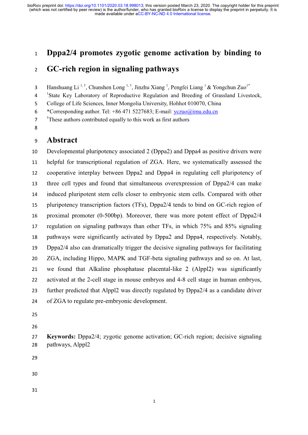 Dppa2/4 Promotes Zygotic Genome Activation by Binding to GC-Rich