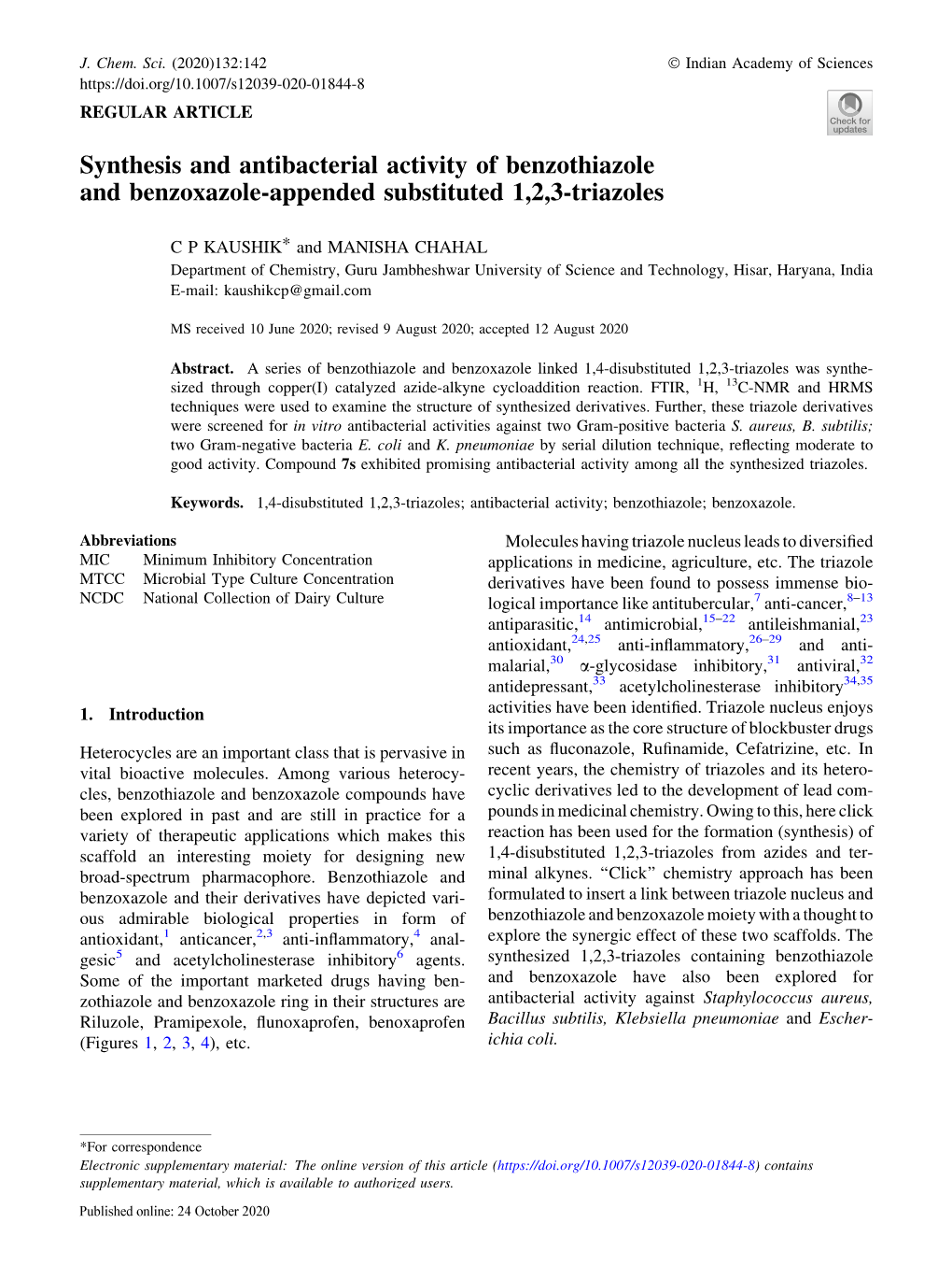 Synthesis and Antibacterial Activity of Benzothiazole and Benzoxazole-Appended Substituted 1,2,3-Triazoles