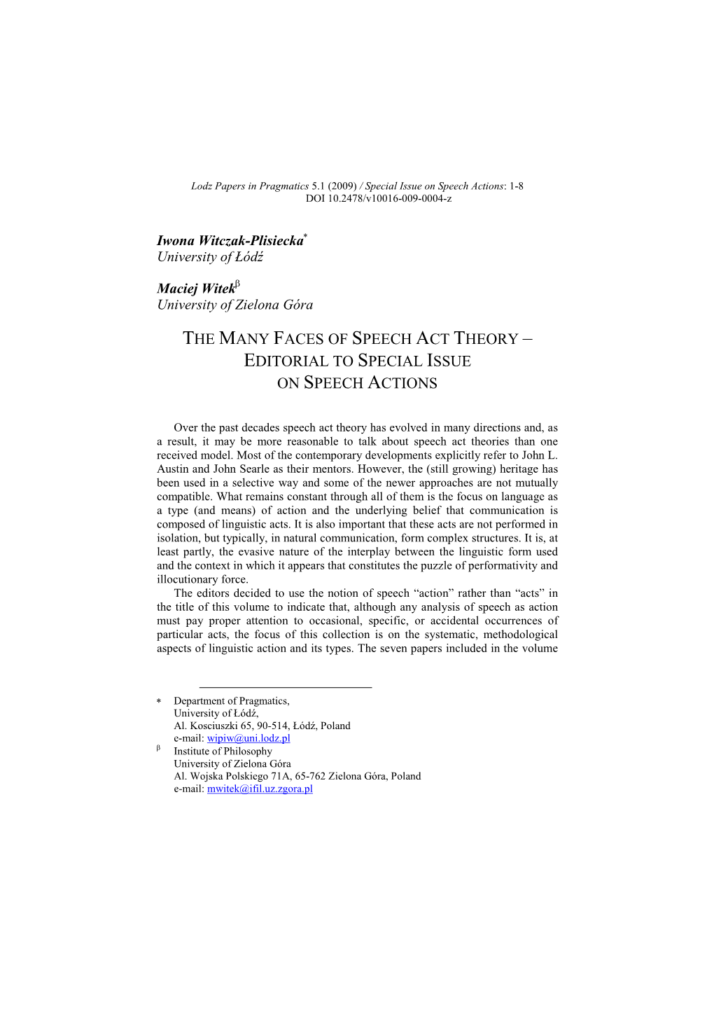 The Many Faces of Speech Act Theory – Editorial to Special Issue on Speech Actions