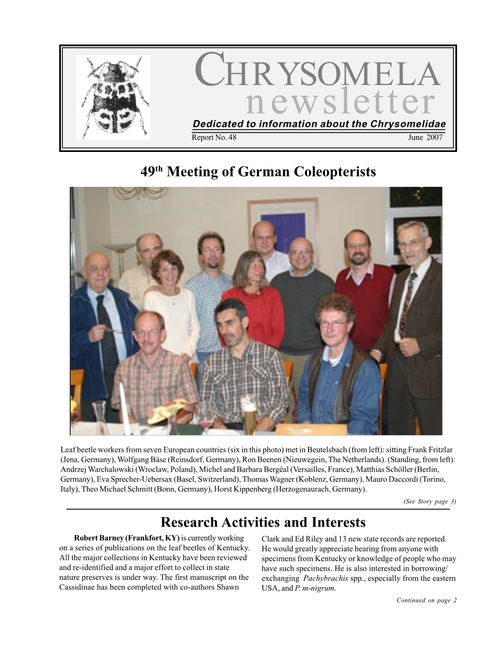 Newsletter Dedicated to Information About the Chrysomelidae Report No