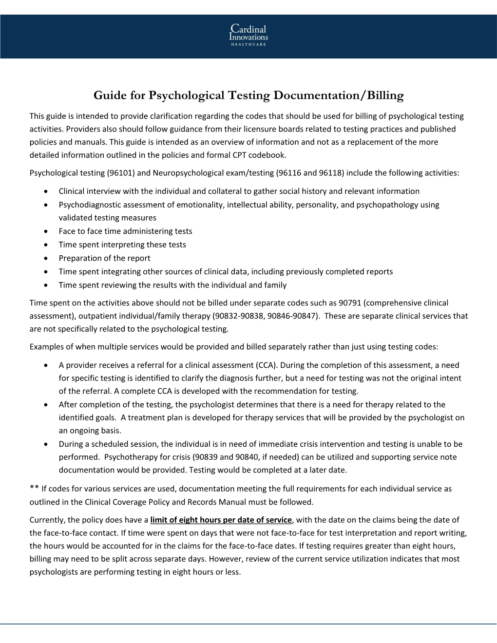 Guide for Psychological Testing Documentation/Billing