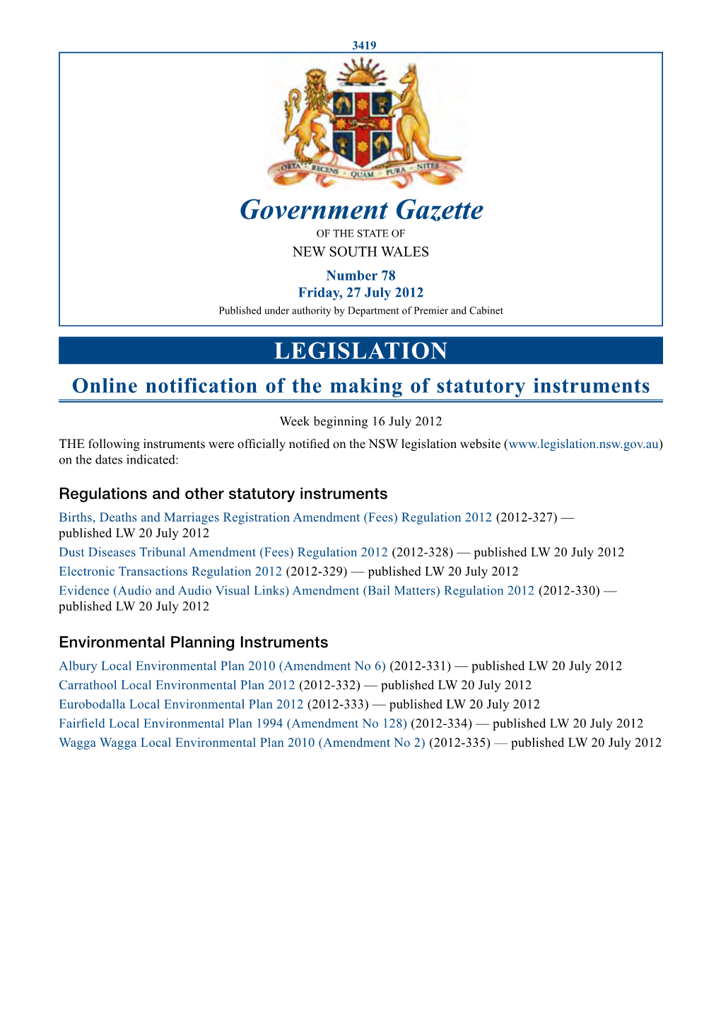 New South Wales Government Gazette No. 30 of 27 July 2012