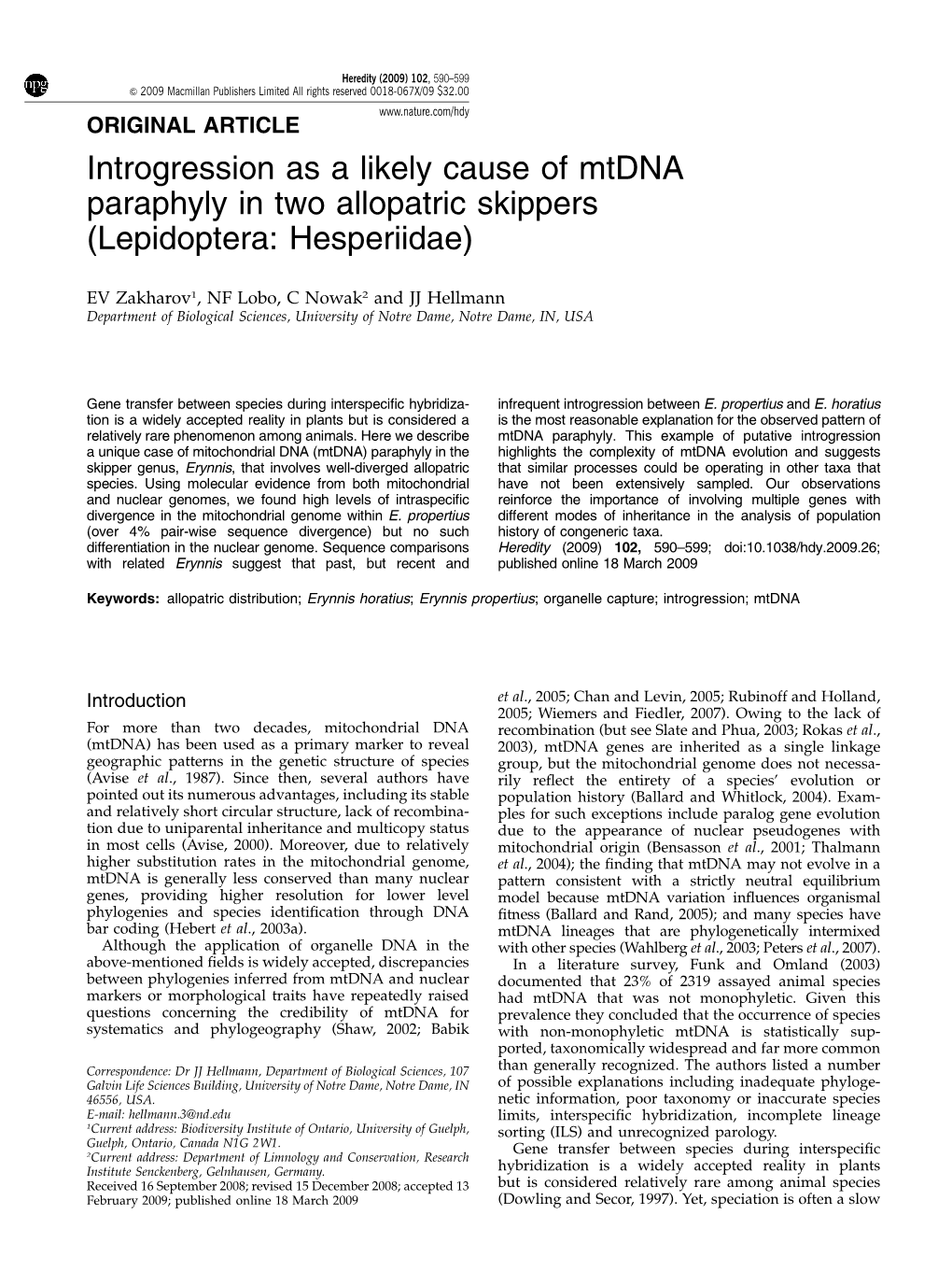 Introgression As a Likely Cause of Mtdna Paraphyly in Two Allopatric Skippers (Lepidoptera: Hesperiidae)