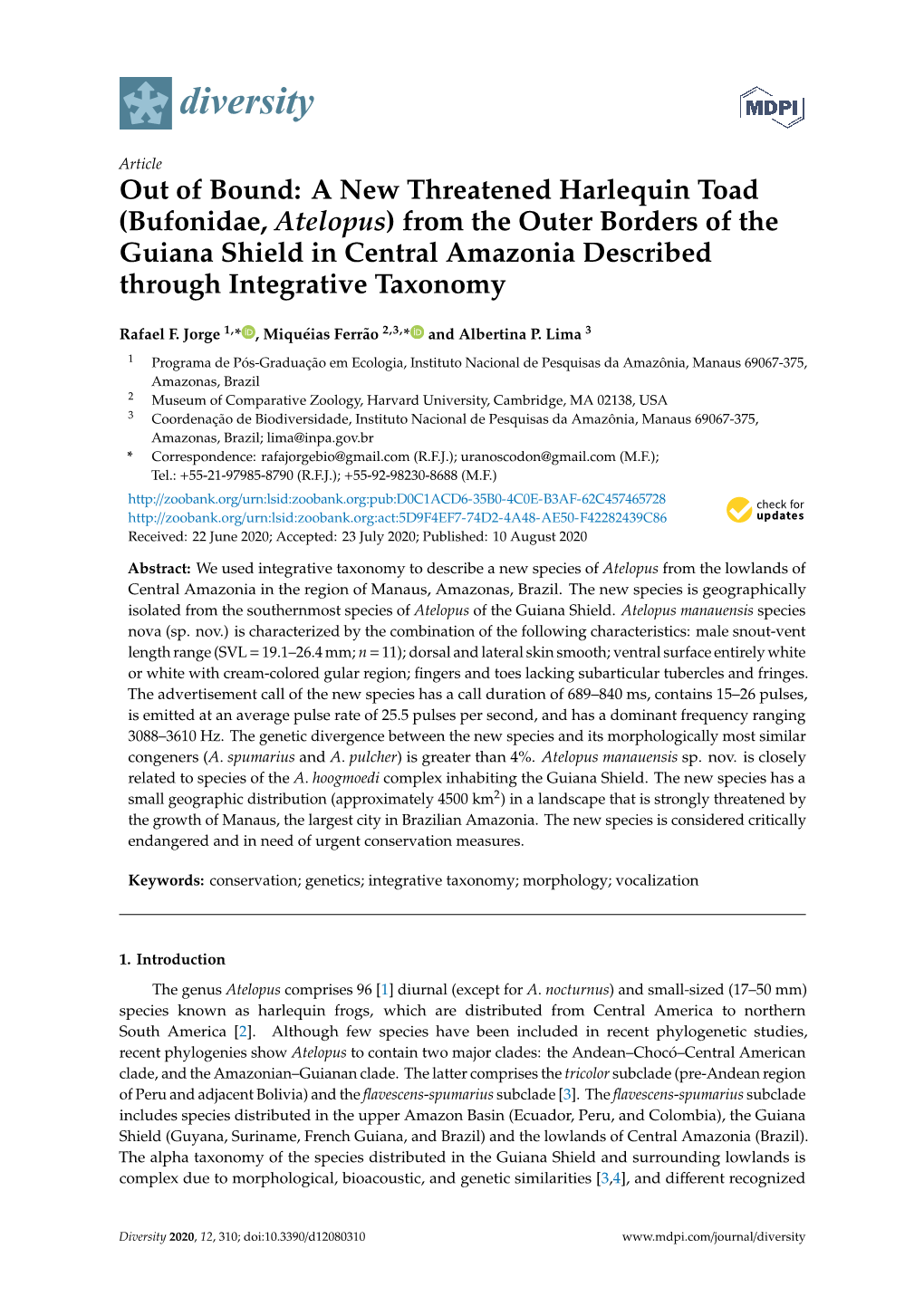 Bufonidae, Atelopus) from the Outer Borders of the Guiana Shield in Central Amazonia Described Through Integrative Taxonomy