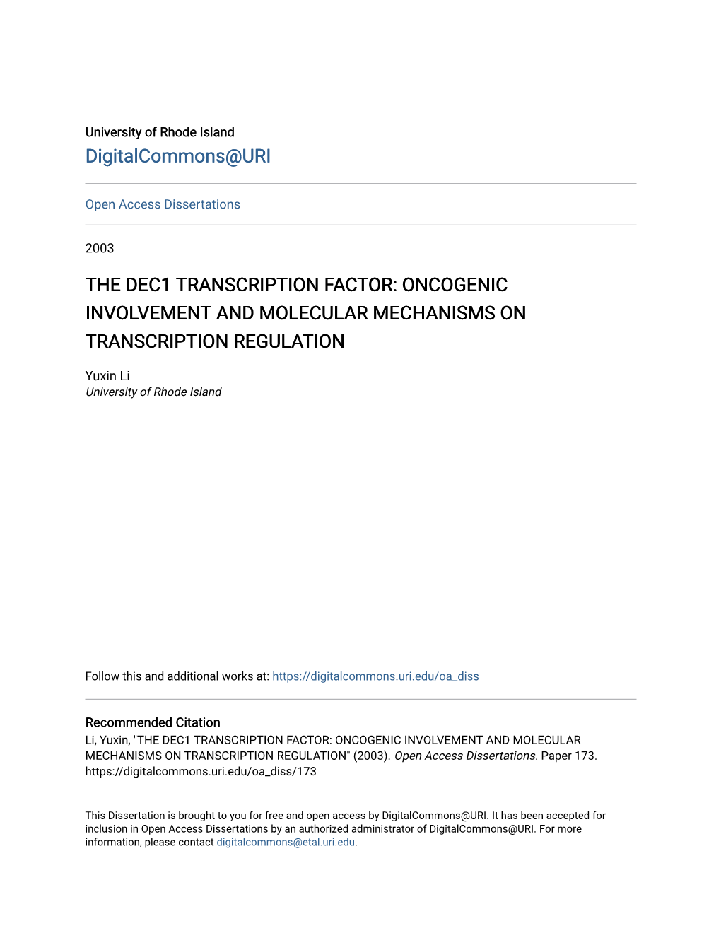 The Dec1 Transcription Factor: Oncogenic Involvement and Molecular Mechanisms on Transcription Regulation