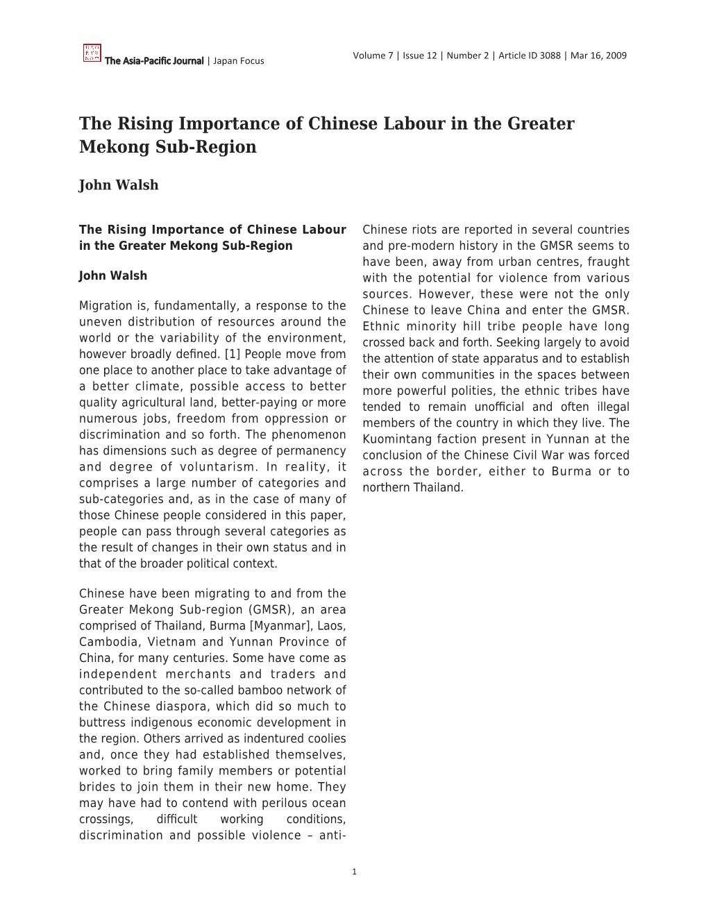 The Rising Importance of Chinese Labour in the Greater Mekong Sub-Region