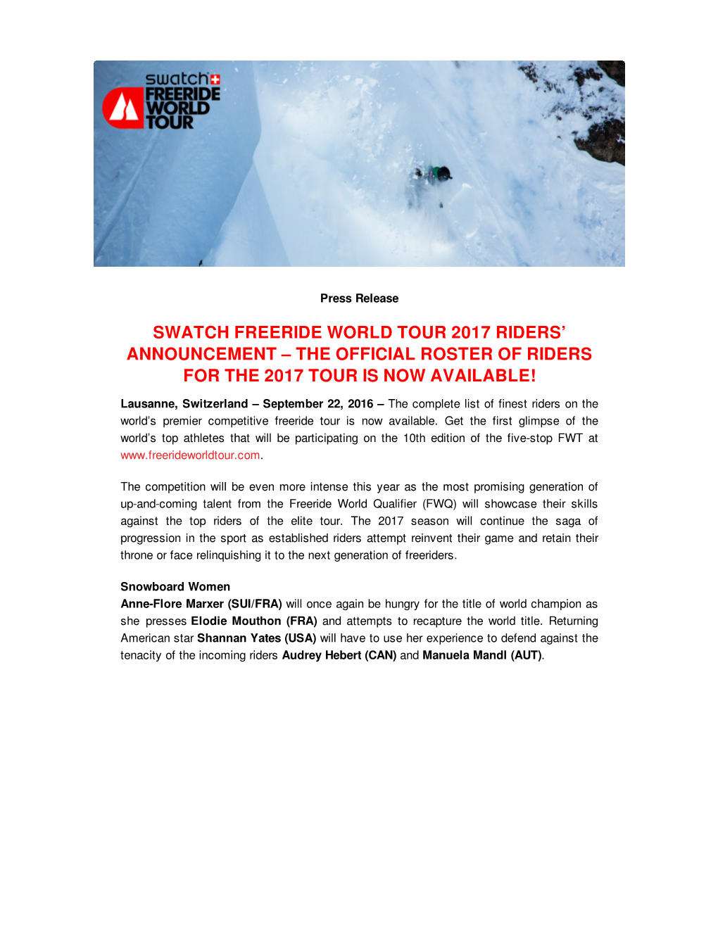 Swatch Freeride World Tour 2017 Riders' Announcement