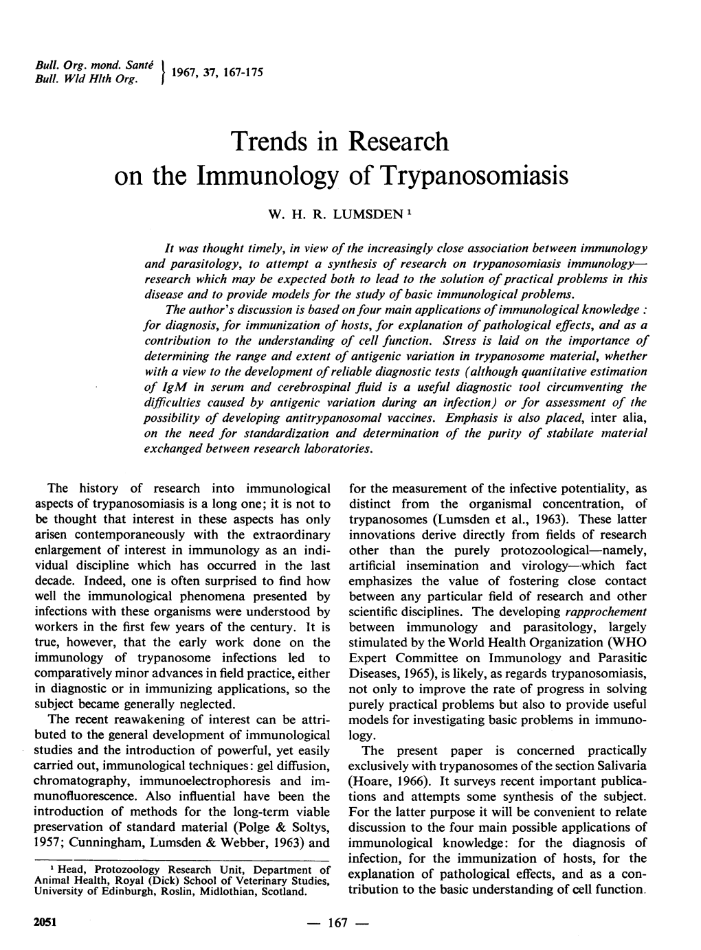 On the Immunology of Trypanosomiasis