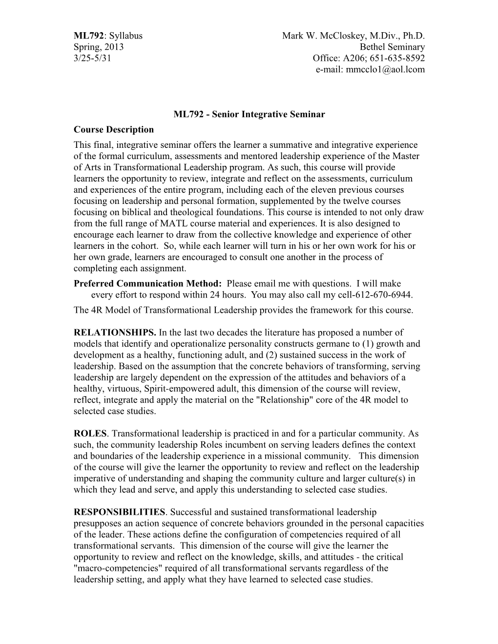 ML792: Syllabus Mark W. Mccloskey, M.Div., Ph.D