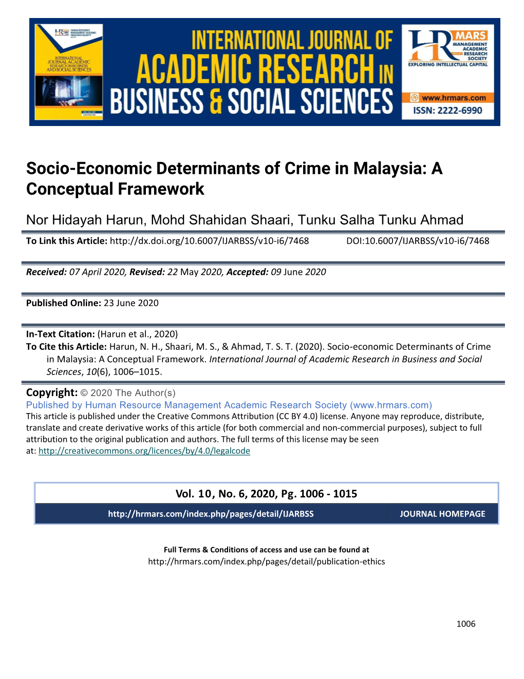 Socio-Economic Determinants of Crime in Malaysia: a Conceptual Framework