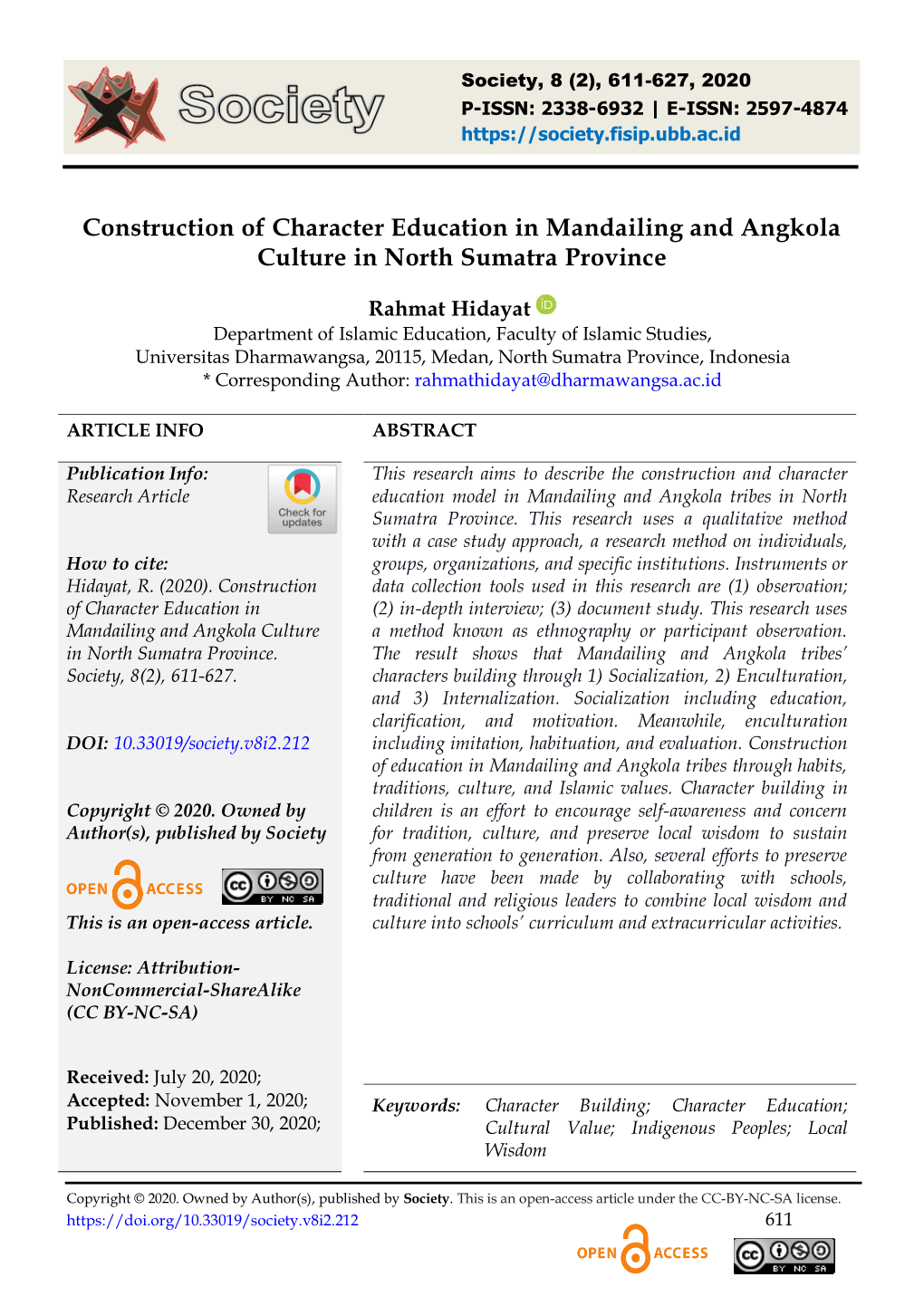 Construction of Character Education in Mandailing and Angkola Culture in North Sumatra Province