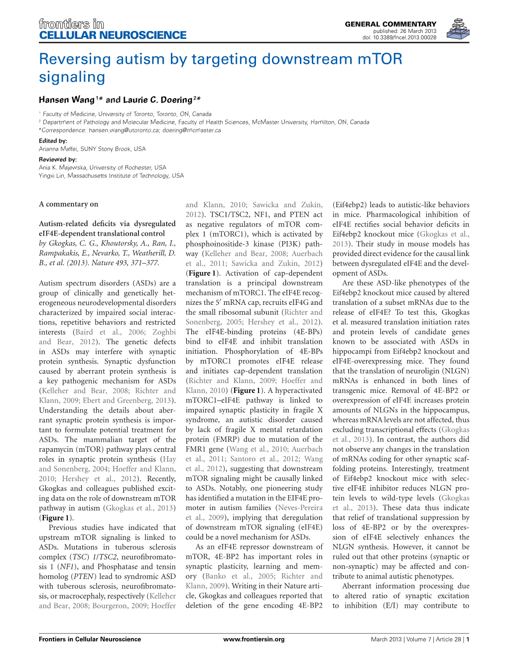 Reversing Autism by Targeting Downstream Mtor Signaling