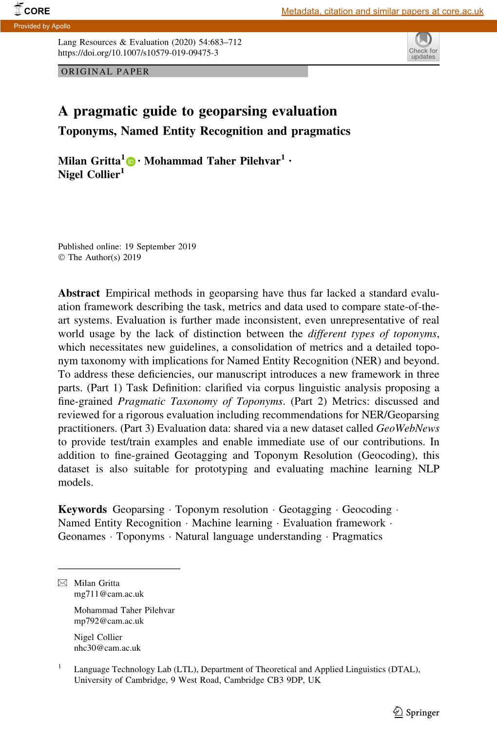 A Pragmatic Guide to Geoparsing Evaluation Toponyms, Named Entity Recognition and Pragmatics