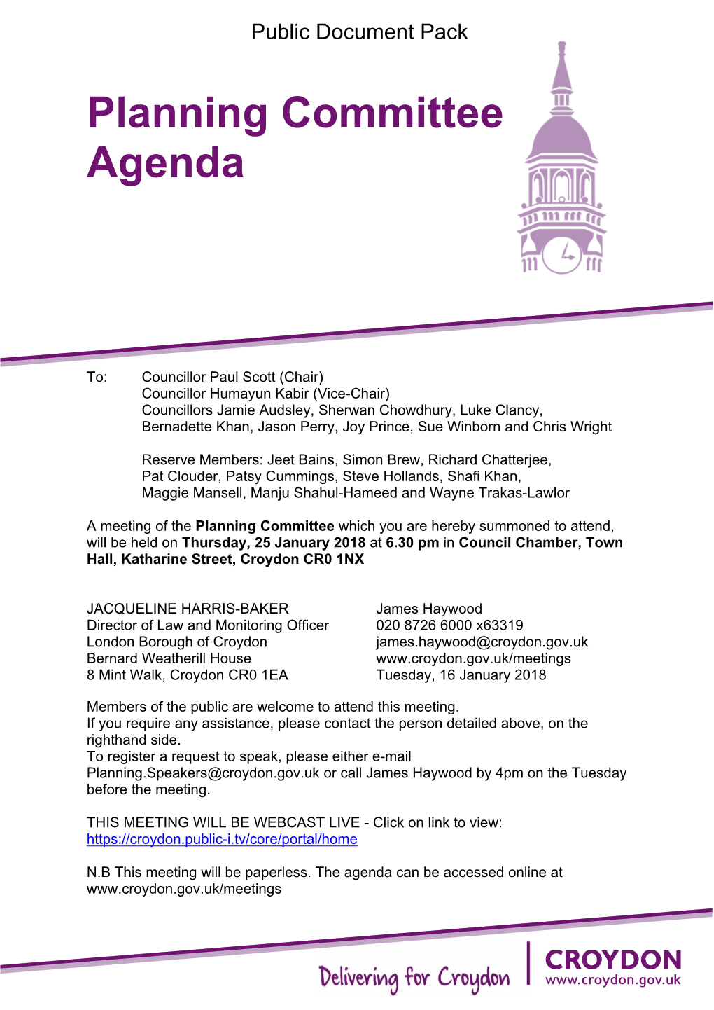 (Public Pack)Agenda Document for Planning Committee, 25/01/2018