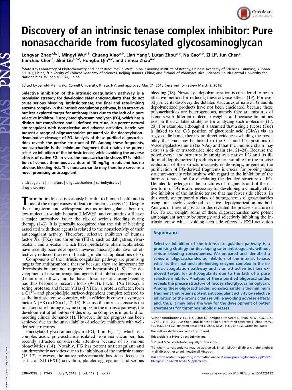 Discovery of an Intrinsic Tenase Complex Inhibitor: Pure Nonasaccharide from Fucosylated Glycosaminoglycan