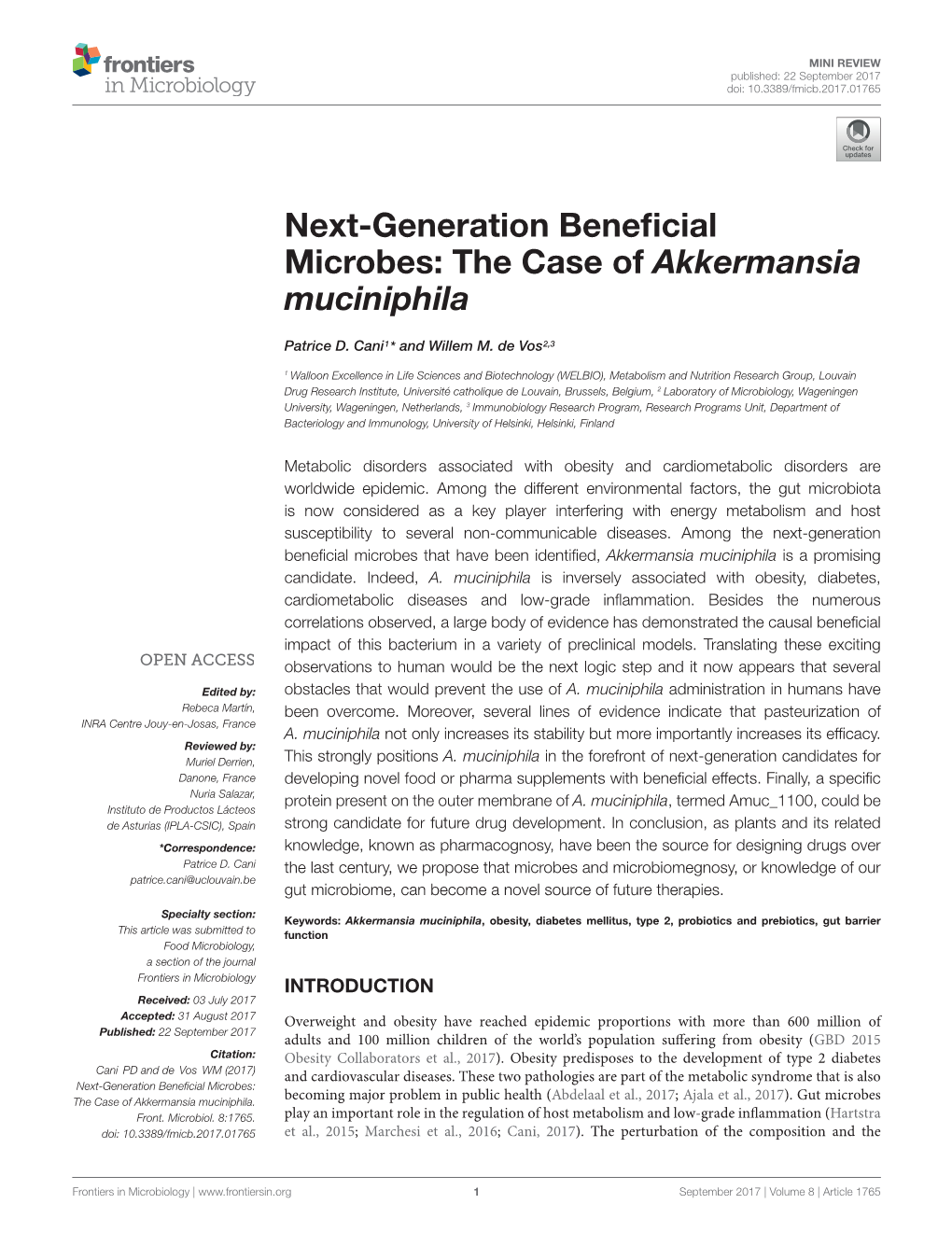 Next-Generation Beneficial Microbes: the Case of Akkermansia Muciniphila