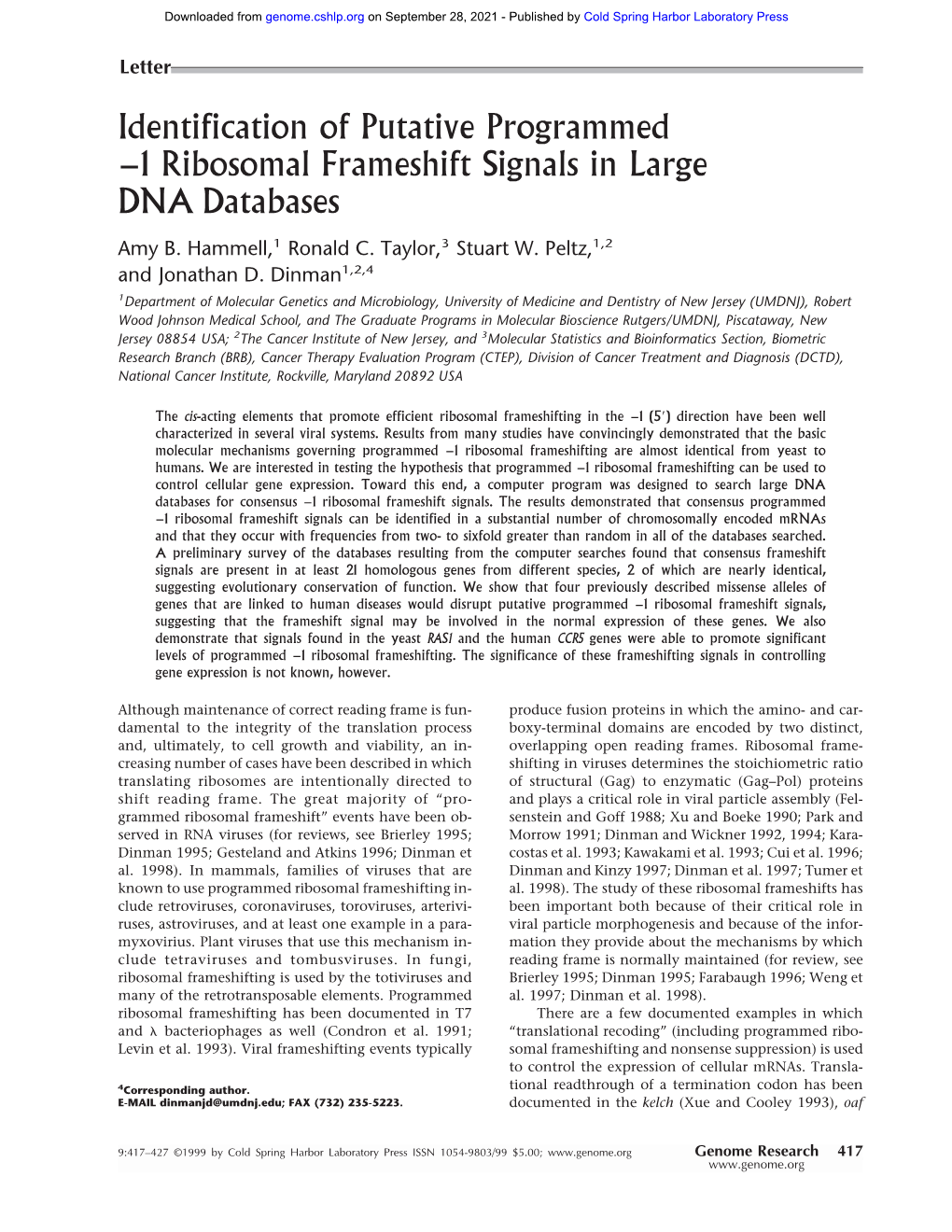 1 Ribosomal Frameshift Signals in Large DNA Databases
