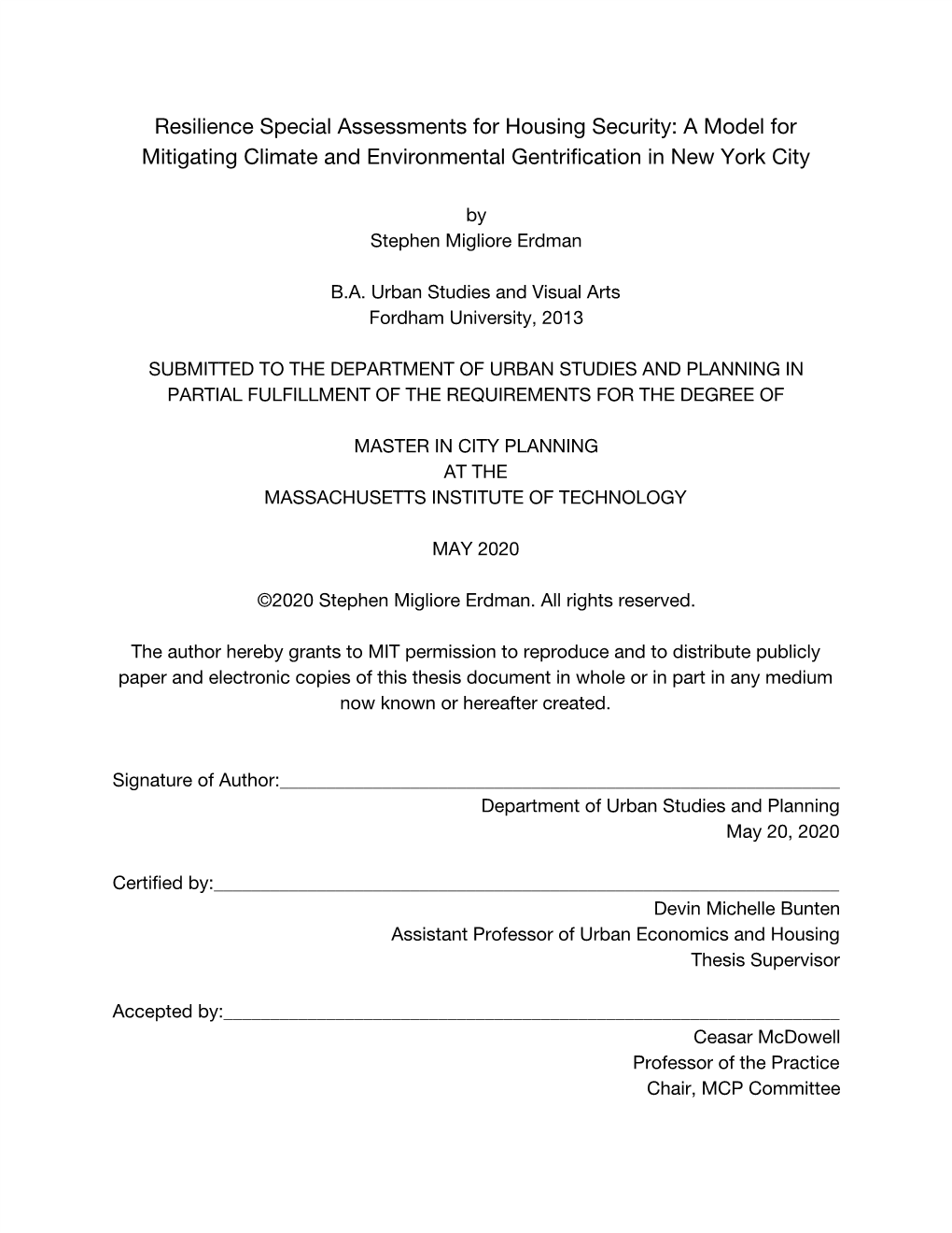 Resilience Special Assessments for Housing Security: a Model for Mitigating Climate and Environmental Gentrification in New York City